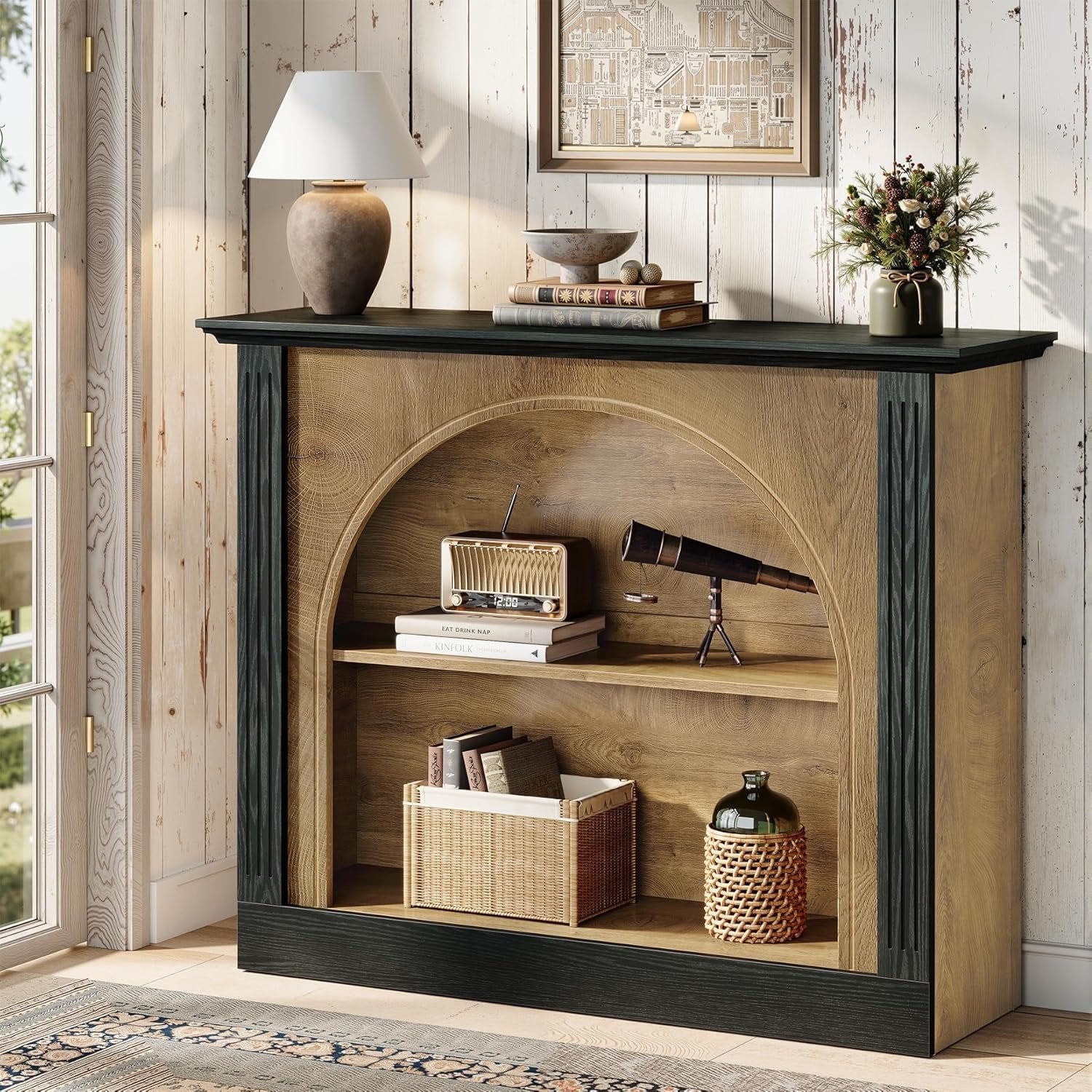 110 cm 3-ebrige Konsoletisch mit Stauraum - In Braun & Schwarz für Diele, Flur und Wohnzimmer