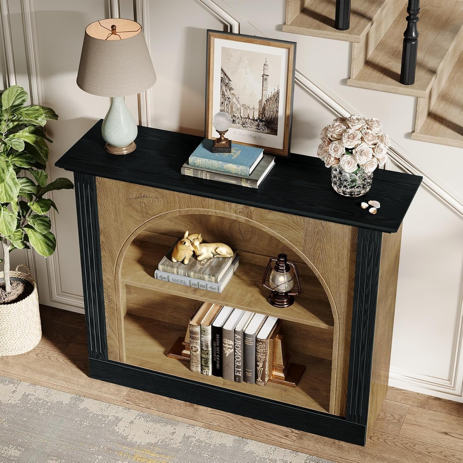 110 cm 3-ebrige Konsoletisch mit Stauraum - In Braun & Schwarz für Diele, Flur und Wohnzimmer