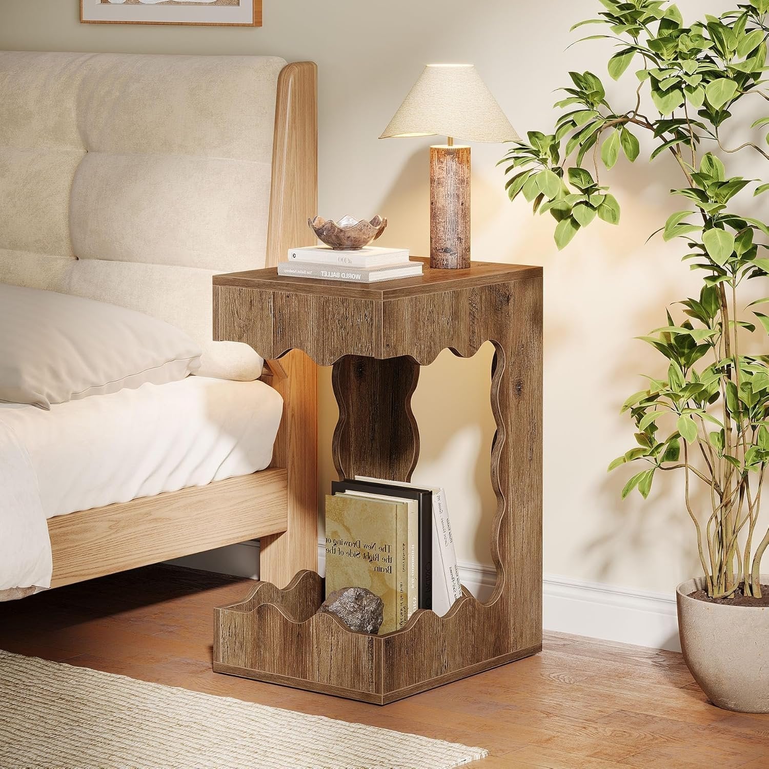 65cm Schmaler Beistelltisch mit 2 Etagen – C-Form Nachttisch im Landhausstil, Braun