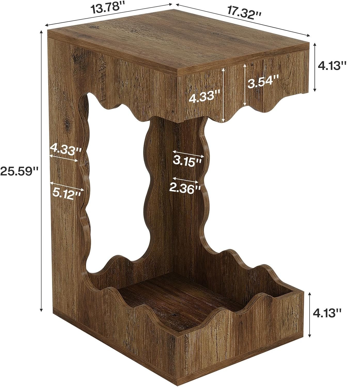 65cm Schmaler Beistelltisch mit 2 Etagen – C-Form Nachttisch im Landhausstil, Braun