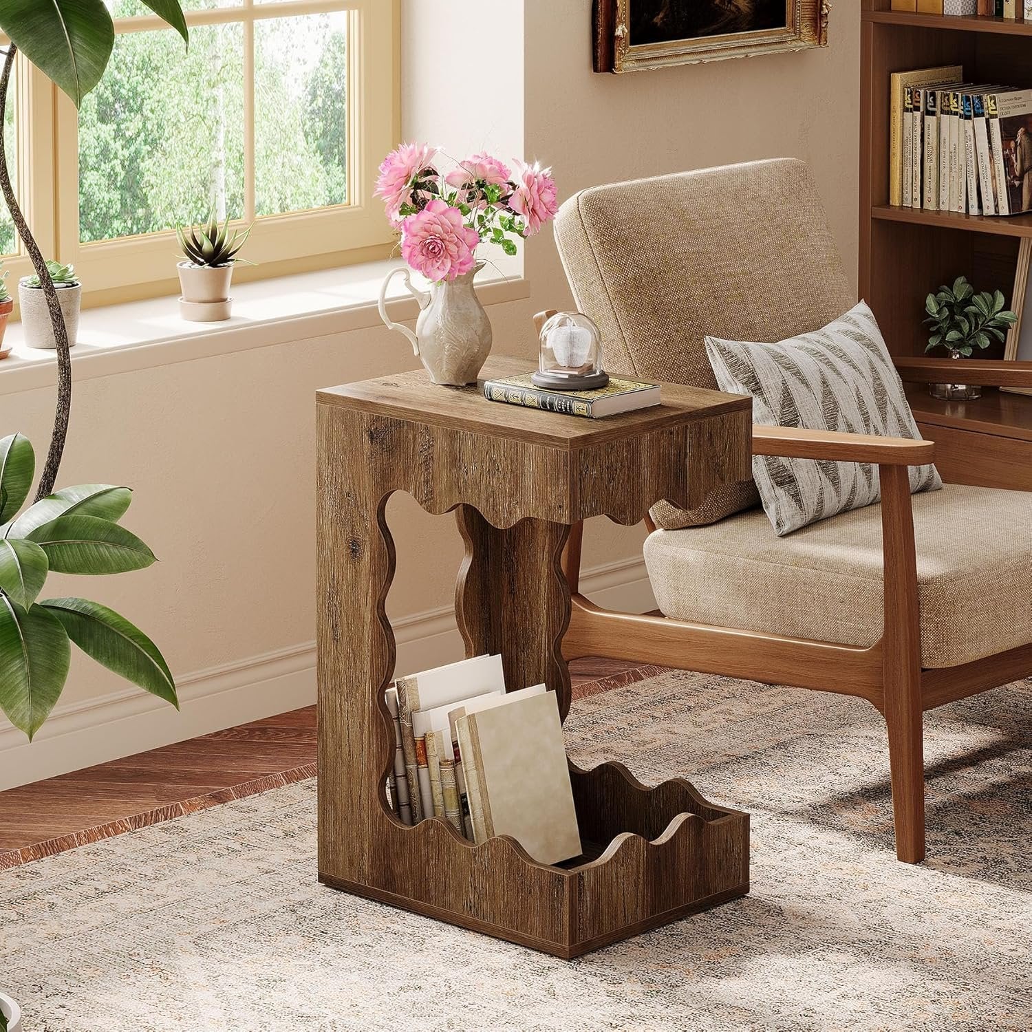 65cm Schmaler Beistelltisch mit 2 Etagen – C-Form Nachttisch im Landhausstil, Braun