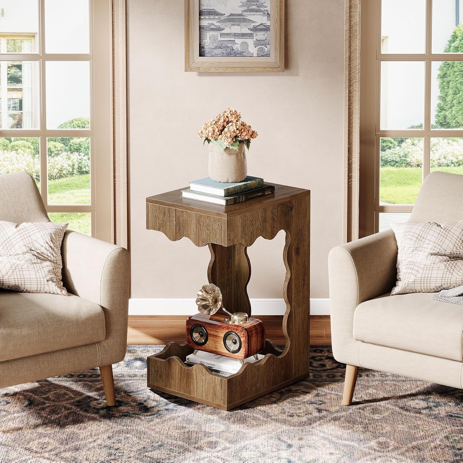 65cm Schmaler Beistelltisch mit 2 Etagen – C-Form Nachttisch im Landhausstil, Braun