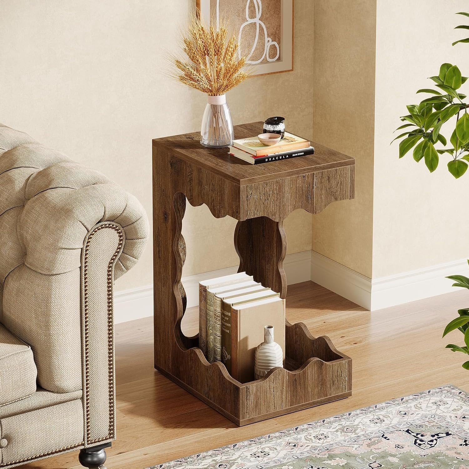 65cm Schmaler Beistelltisch mit 2 Etagen – C-Form Nachttisch im Landhausstil, Braun