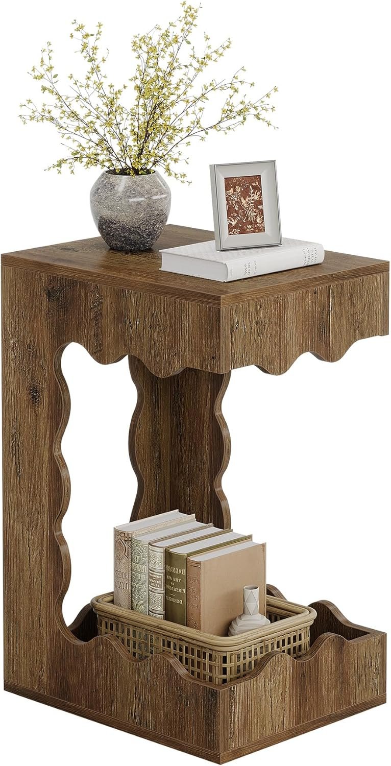 65cm Schmaler Beistelltisch mit 2 Etagen – C-Form Nachttisch im Landhausstil, Braun