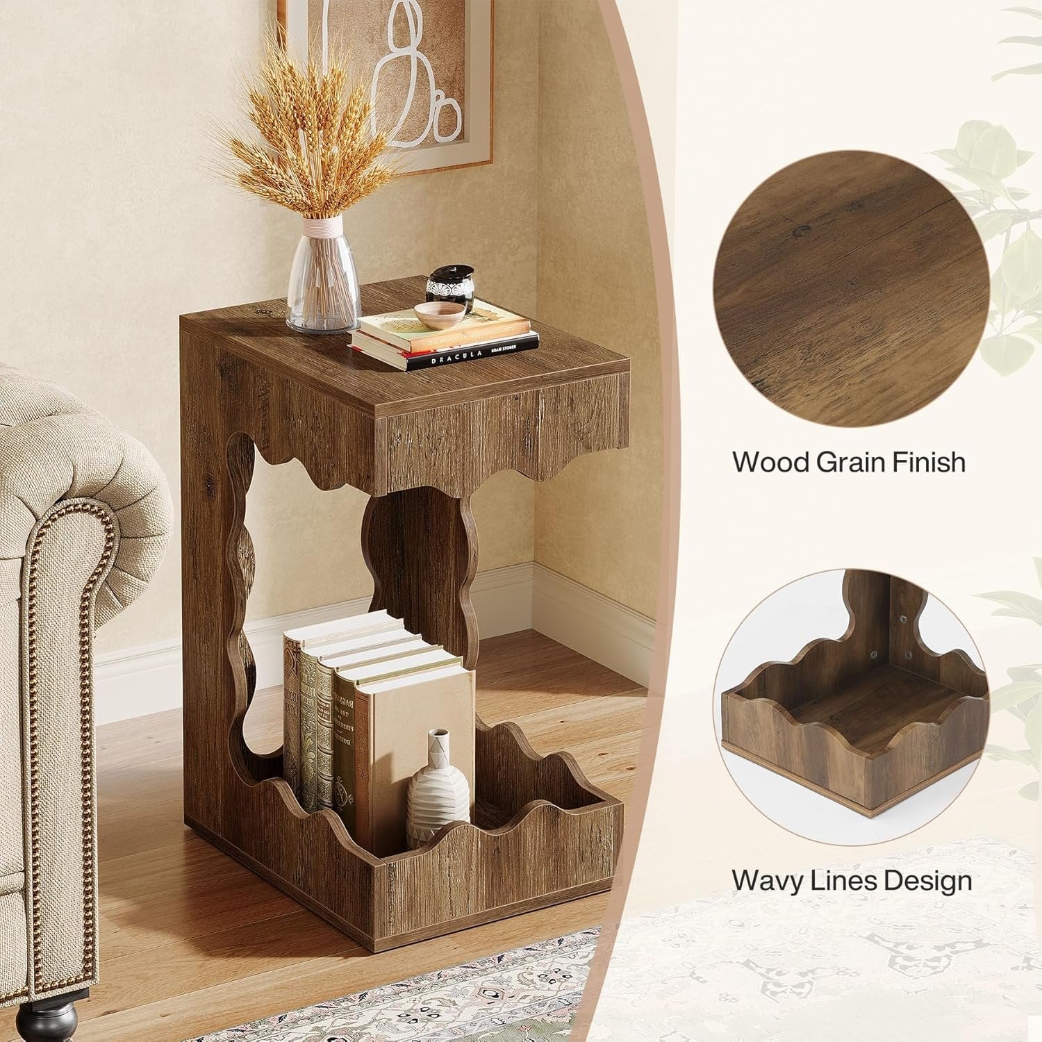65cm Schmaler Beistelltisch mit 2 Etagen – C-Form Nachttisch im Landhausstil, Braun