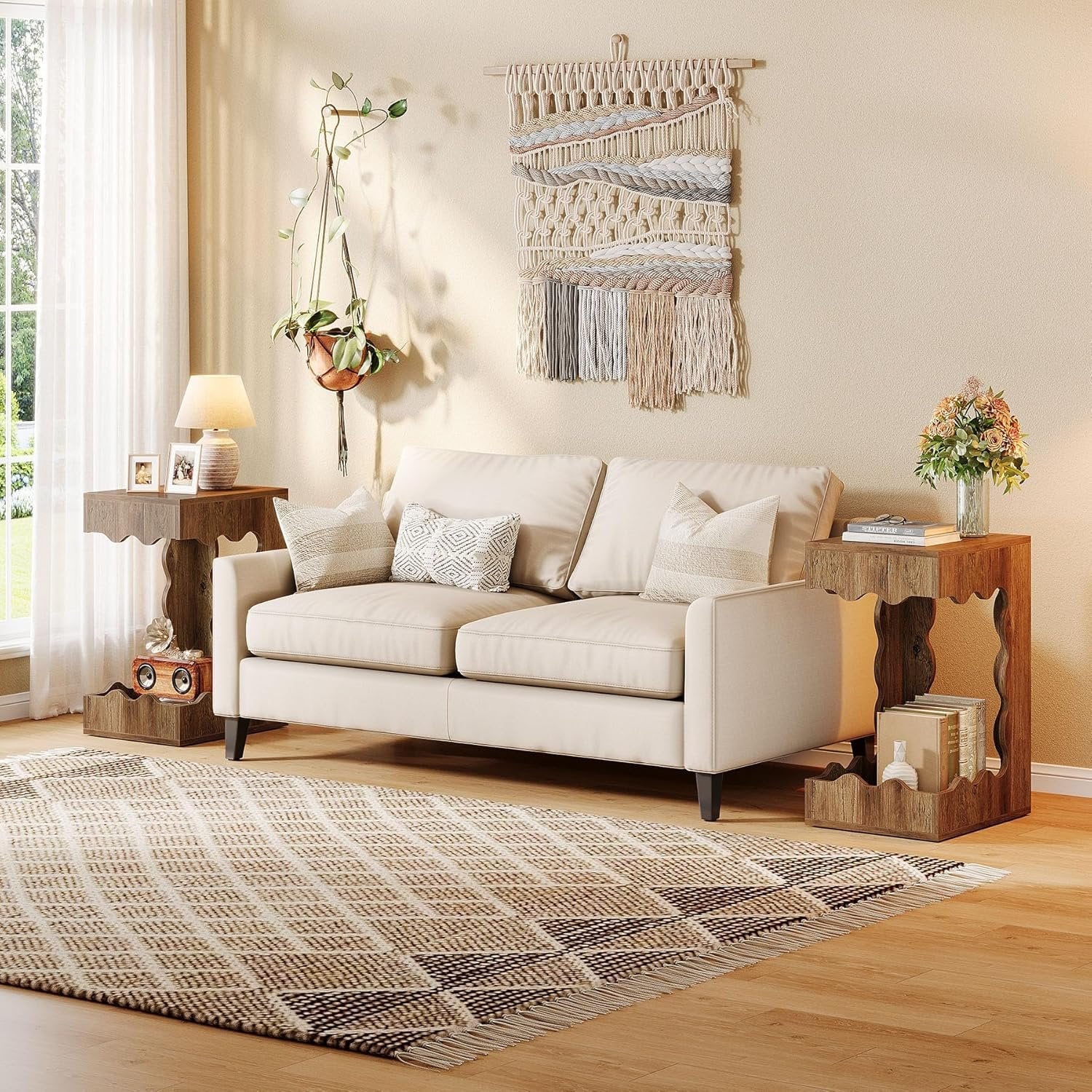 65cm Schmaler Beistelltisch mit 2 Etagen – C-Form Nachttisch im Landhausstil, Braun