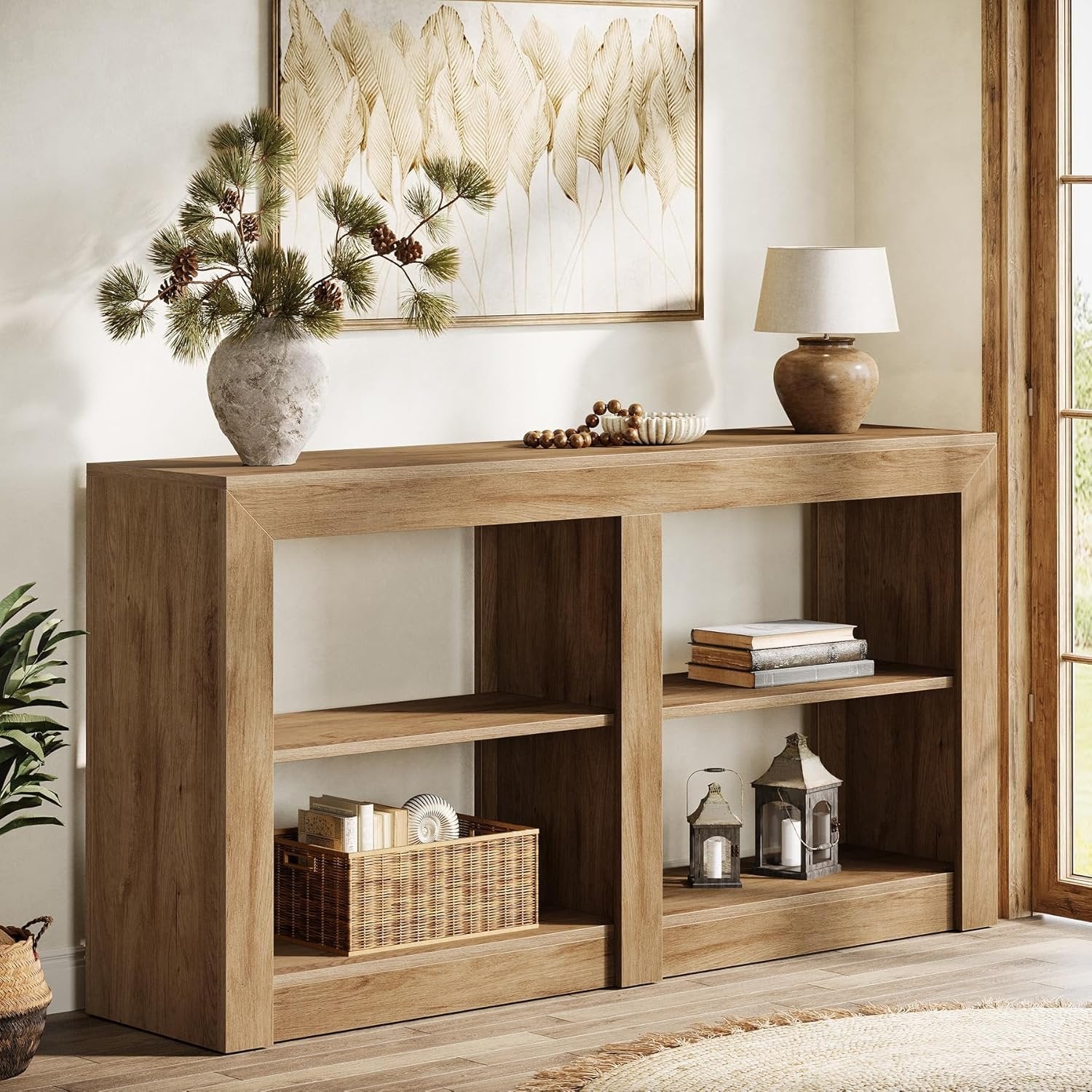 90 cm Landhaus Konsolentisch, Eichenoptik Flurtisch für Diele und Wohnzimmer