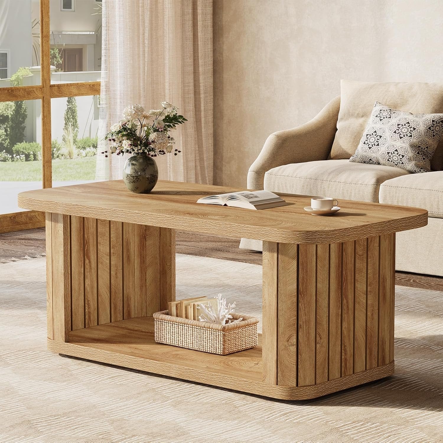Couchtisch mit einem Regal, 120 x 60 x 45 cm, Wohnzimmertisch, 2-Stöckiger Holz Rechteckiger Couchtisch