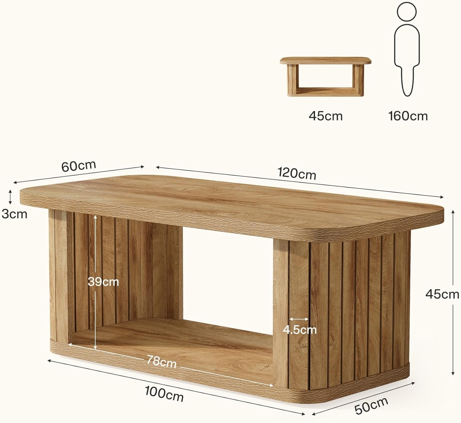 Couchtisch mit einem Regal, 120 x 60 x 45 cm, Wohnzimmertisch, 2-Stöckiger Holz Rechteckiger Couchtisch
