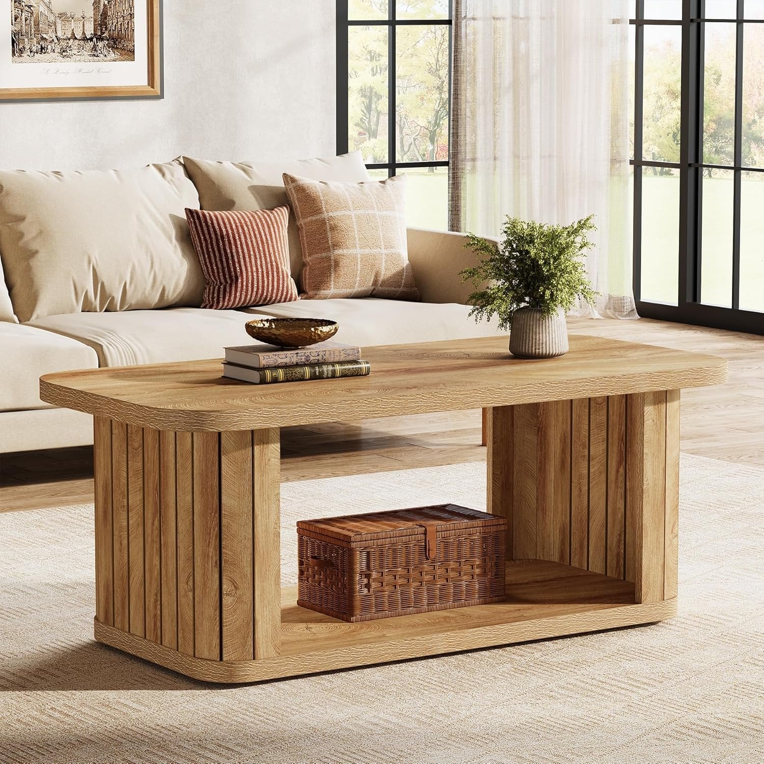 Couchtisch mit einem Regal, 120 x 60 x 45 cm, Wohnzimmertisch, 2-Stöckiger Holz Rechteckiger Couchtisch