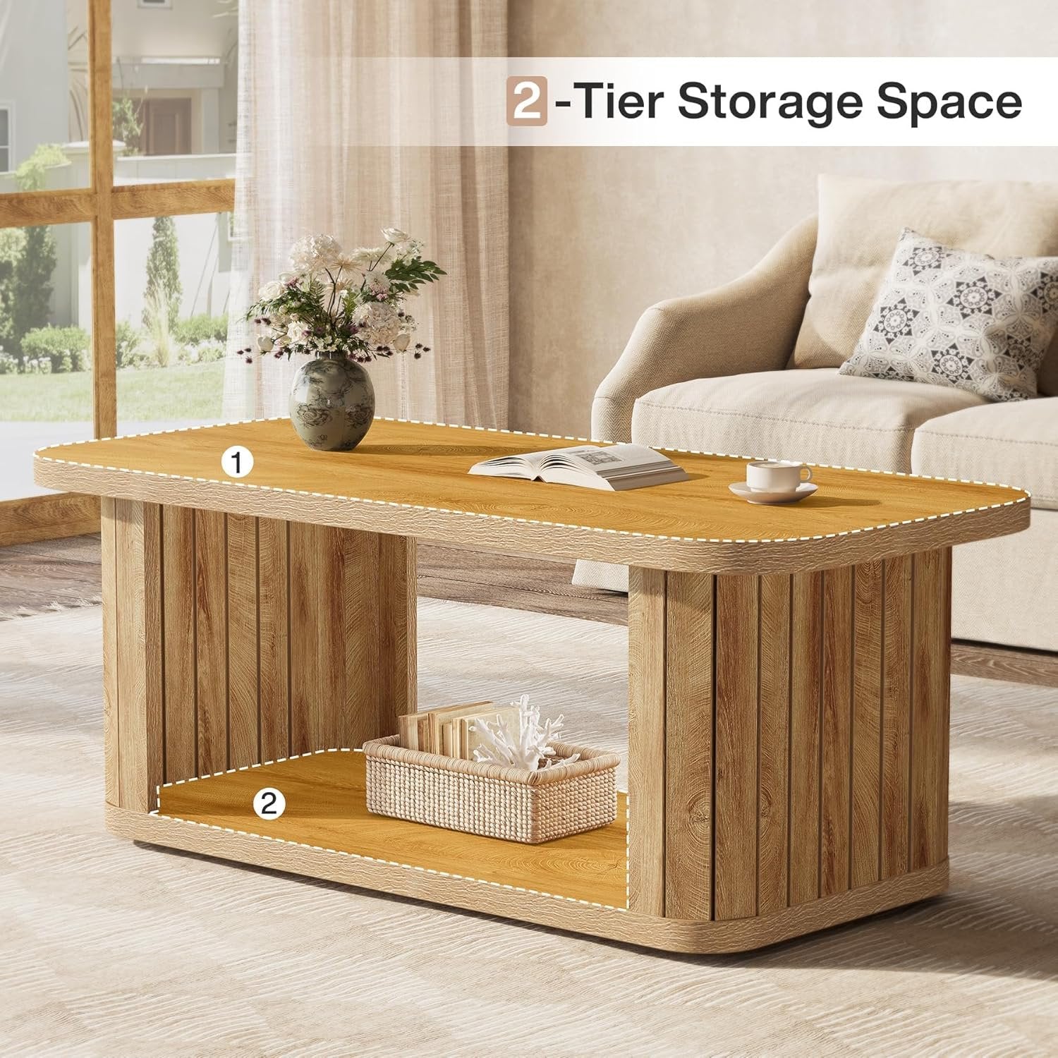 Couchtisch mit einem Regal, 120 x 60 x 45 cm, Wohnzimmertisch, 2-Stöckiger Holz Rechteckiger Couchtisch