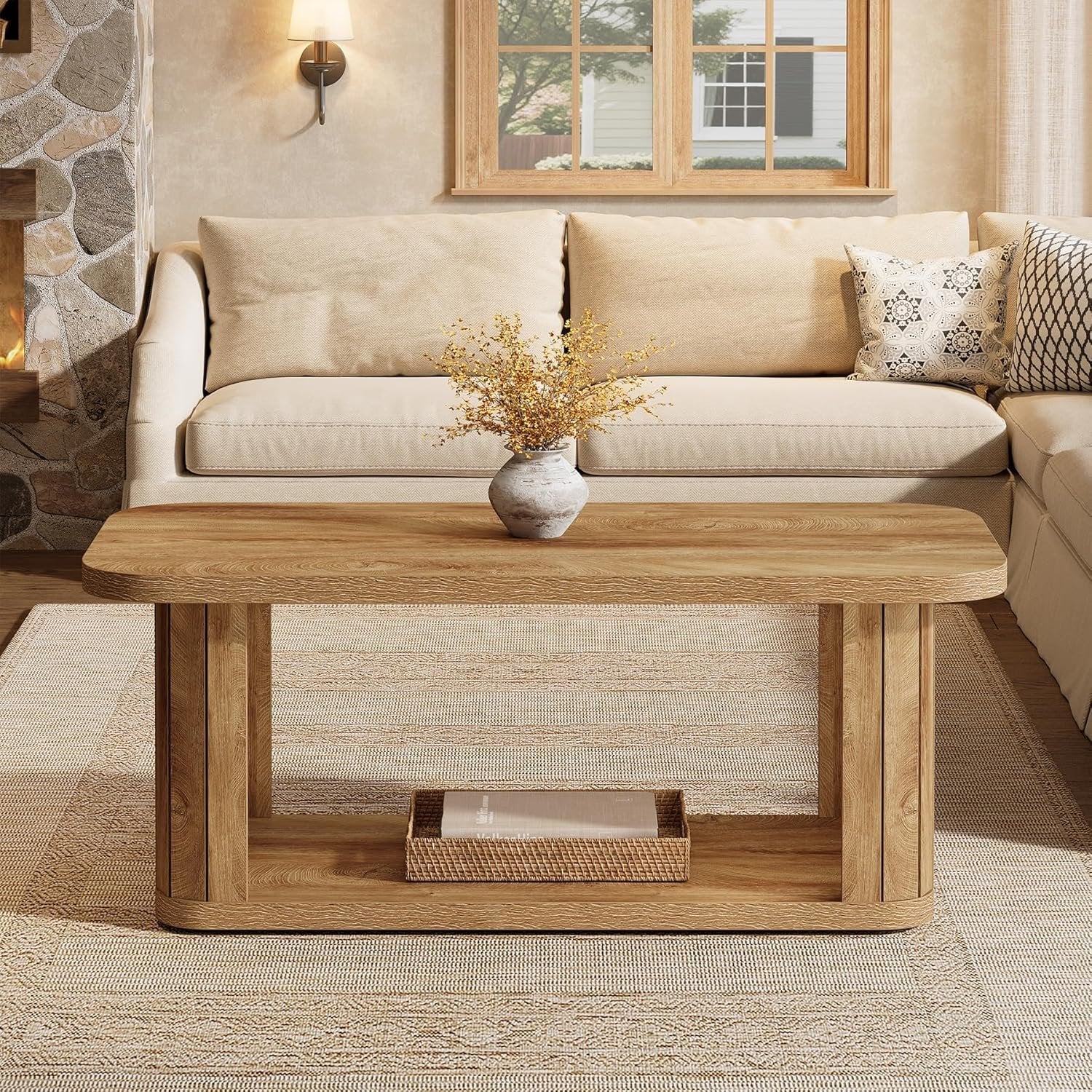 Couchtisch mit einem Regal, 120 x 60 x 45 cm, Wohnzimmertisch, 2-Stöckiger Holz Rechteckiger Couchtisch
