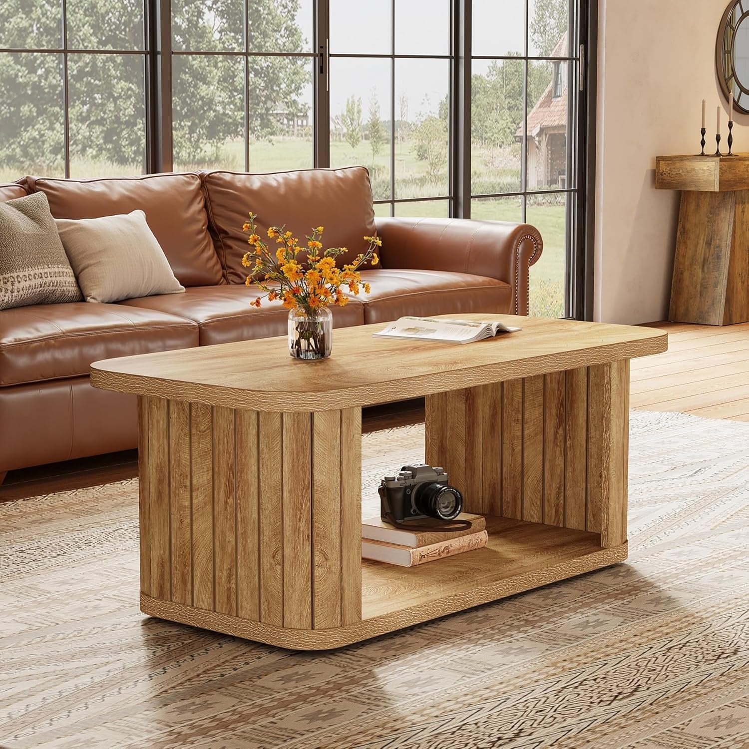 Couchtisch mit einem Regal, 120 x 60 x 45 cm, Wohnzimmertisch, 2-Stöckiger Holz Rechteckiger Couchtisch