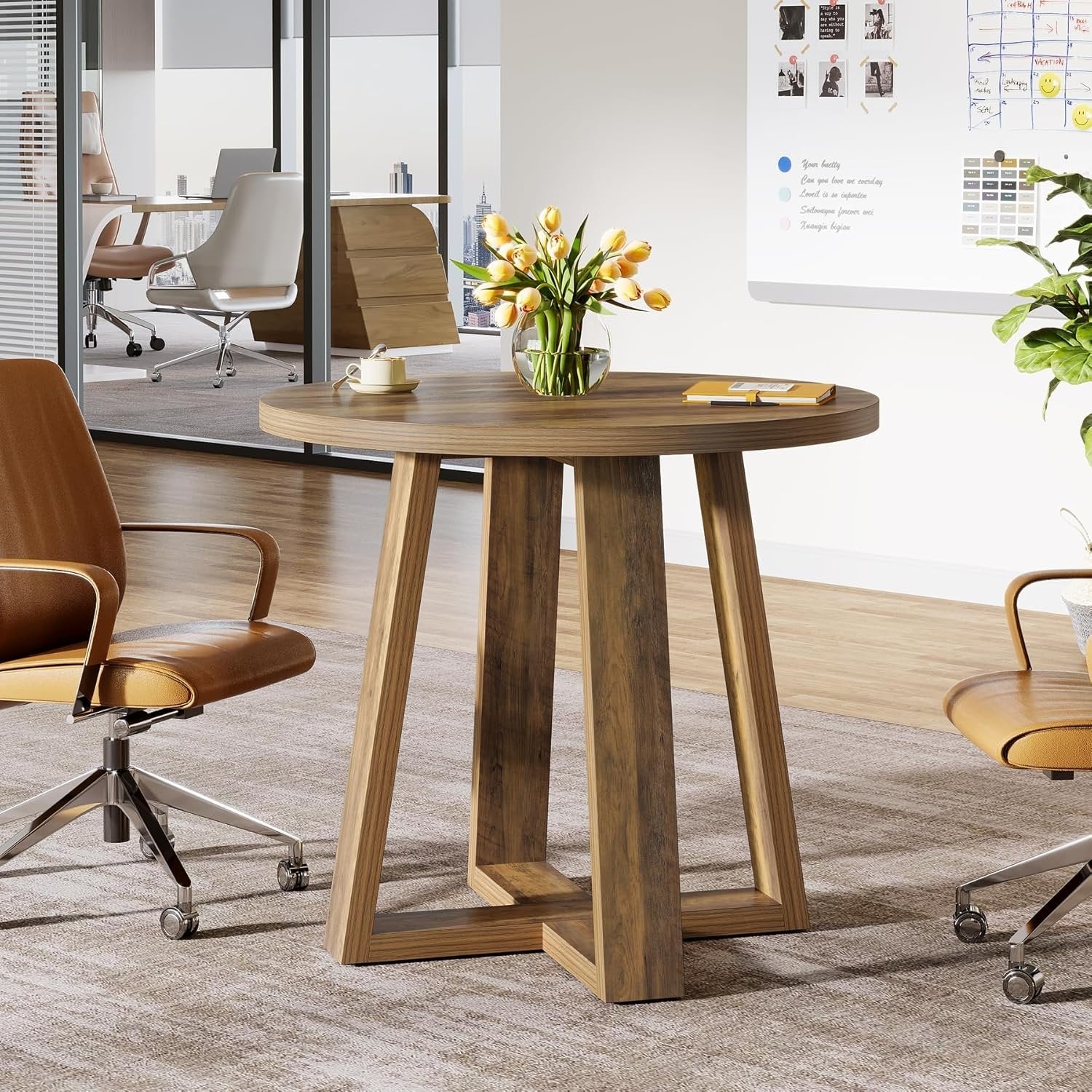 80cm Runder Konferenztisch – Landhaus Bürotisch für 2-4 Personen, Braun