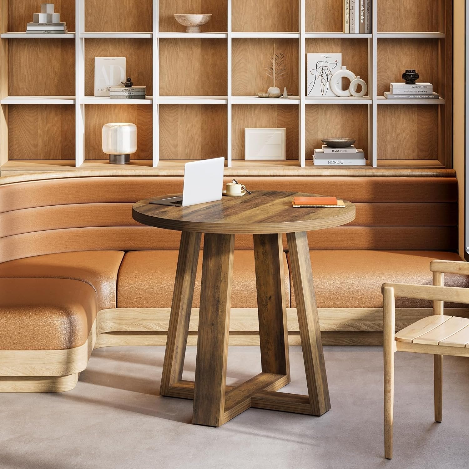 80cm Runder Konferenztisch – Landhaus Bürotisch für 2-4 Personen, Braun