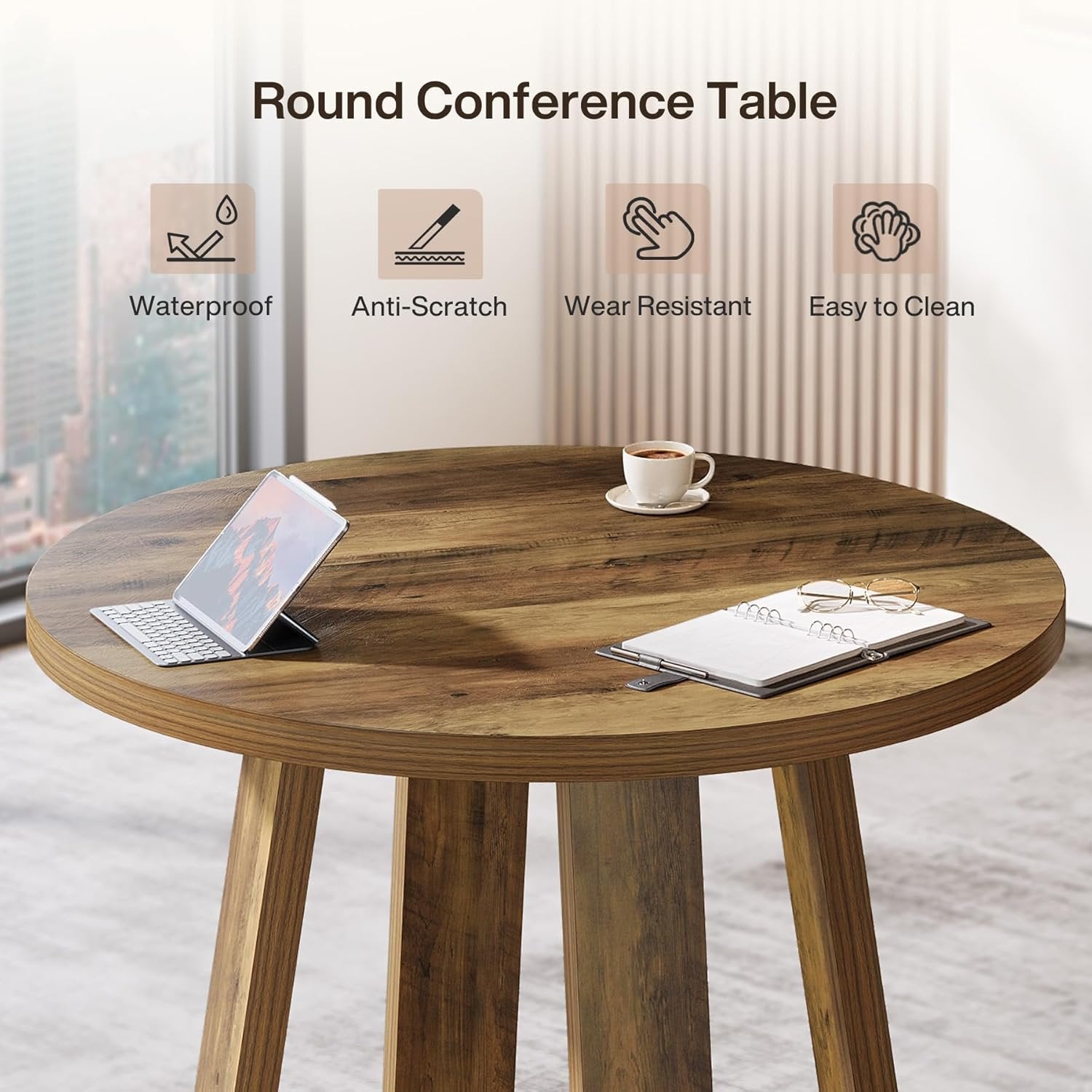 80cm Runder Konferenztisch – Landhaus Bürotisch für 2-4 Personen, Braun