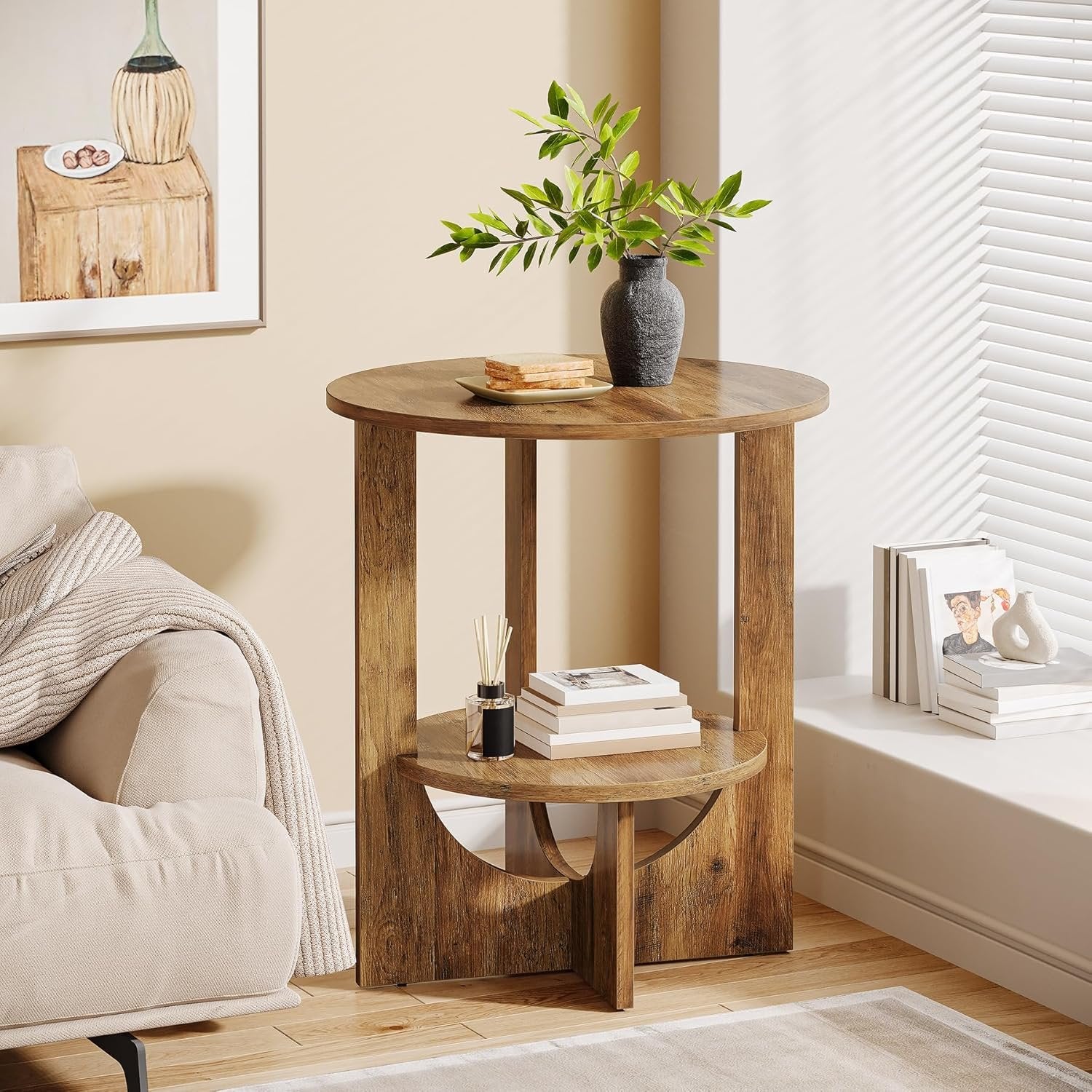 50 cm Runder 2-etagiger Beistelltisch - Mit Stauraum in Braun für Sofa & Schlafzimmer