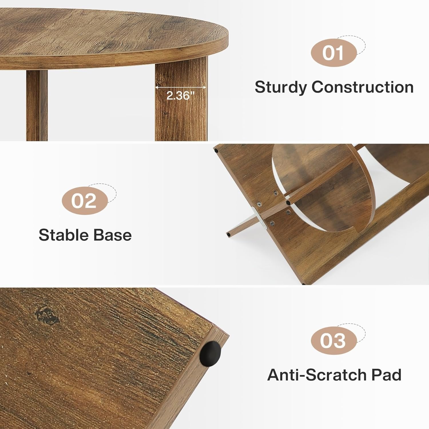 50 cm Runder 2-etagiger Beistelltisch - Mit Stauraum in Braun für Sofa & Schlafzimmer