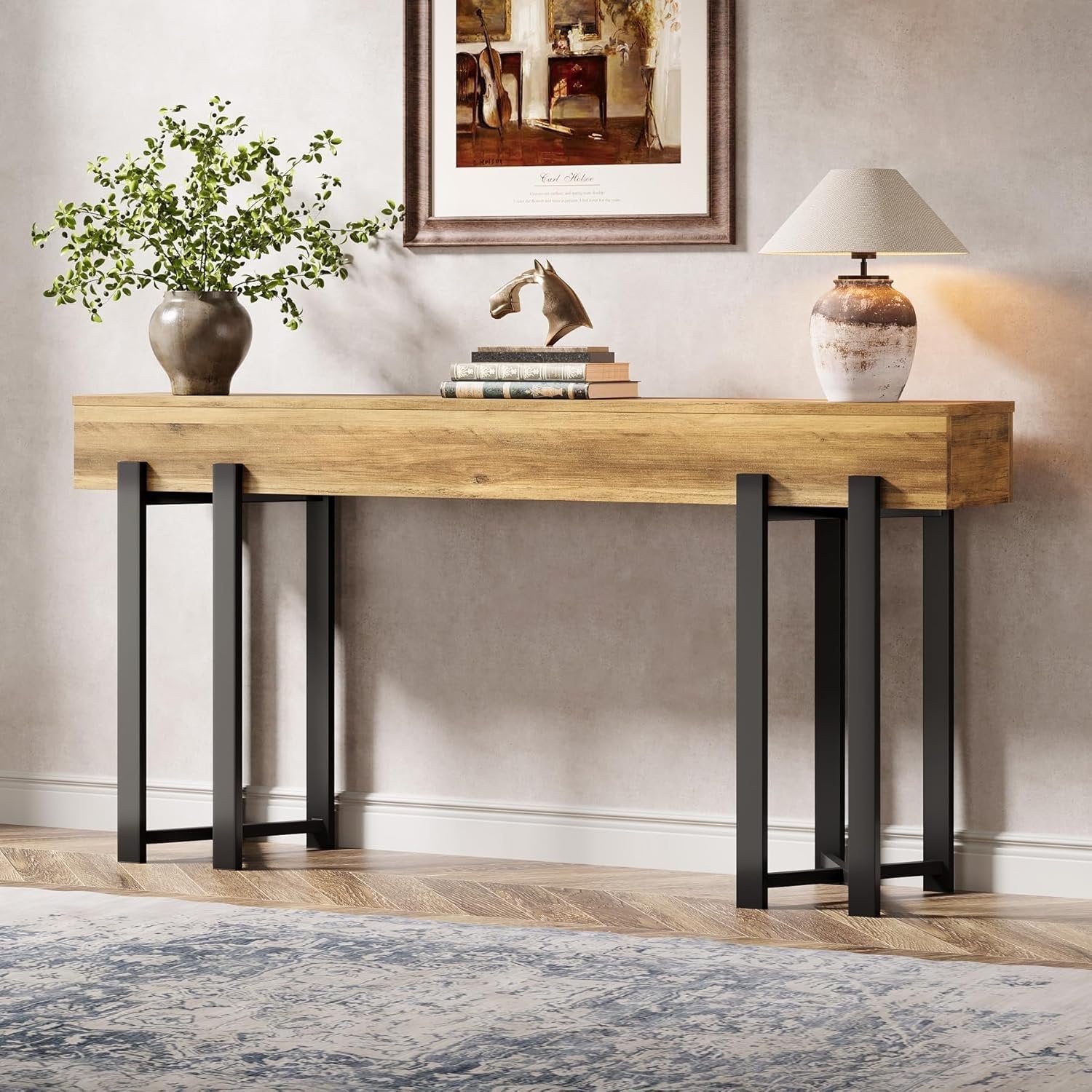 Robuster Landhaus Konsolentisch, 160 cm schmal mit Metallgestell für Flur und Home-Office