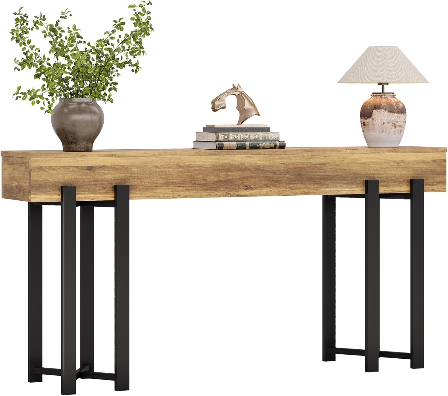 Robuster Landhaus Konsolentisch, 160 cm schmal mit Metallgestell für Flur und Home-Office
