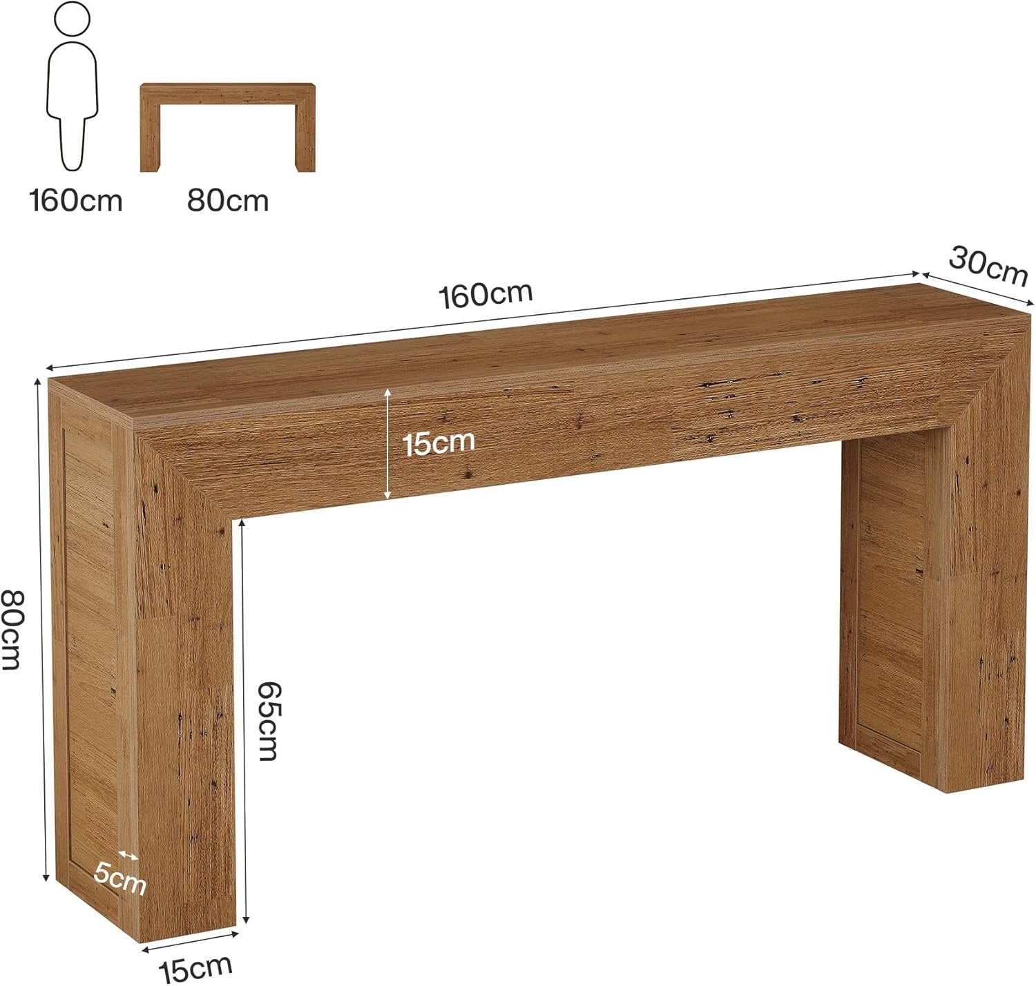160cm Industrieller Flurtisch in Hellbraun – Schmaler Sofatisch & Eingangstisch mit Holzoptik