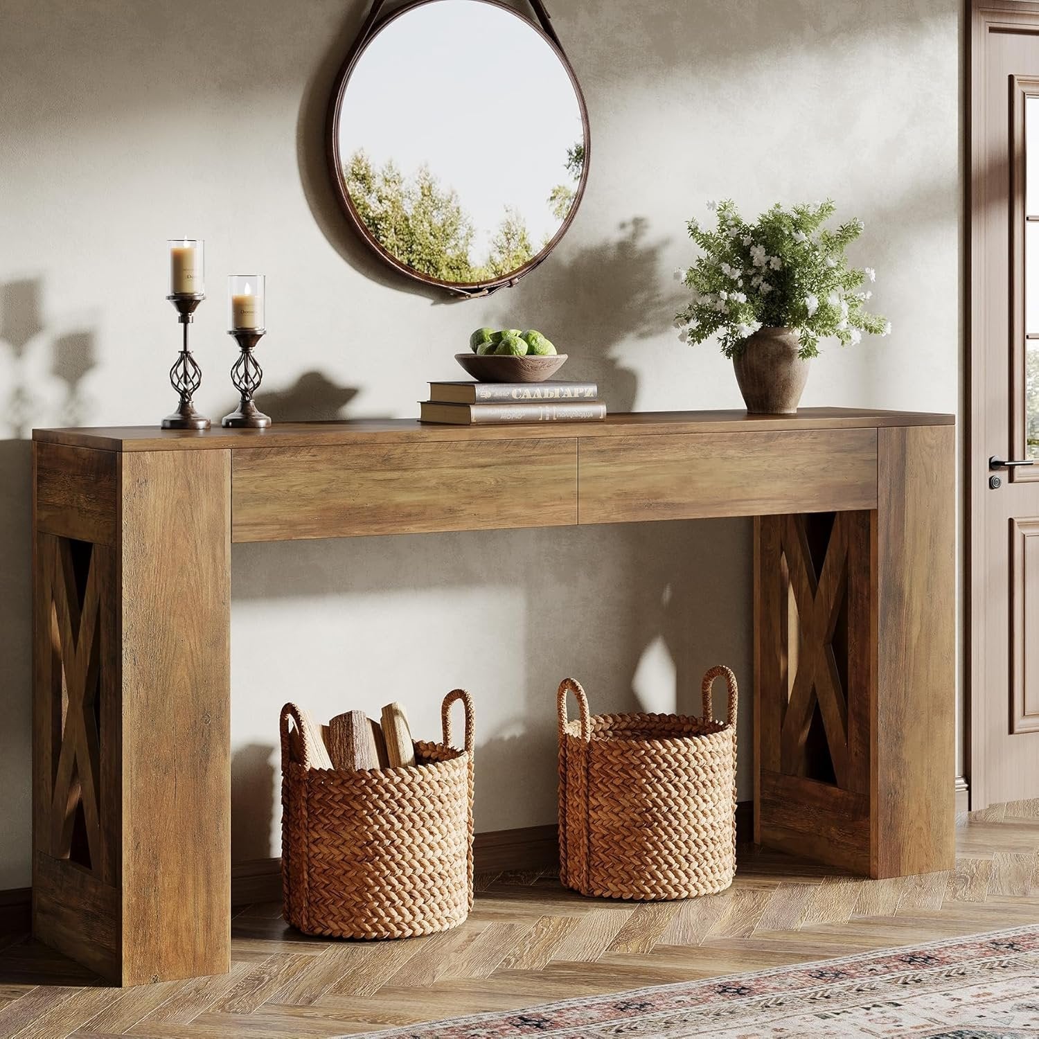 160 cm Landhaus Konsolentisch, Schmaler Flurtisch mit 2 Schubladen und X-Bein Design in Warmbraun