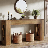160 cm Landhaus Konsolentisch, Schmaler Flurtisch mit 2 Schubladen und X-Bein Design in Warmbraun 3
