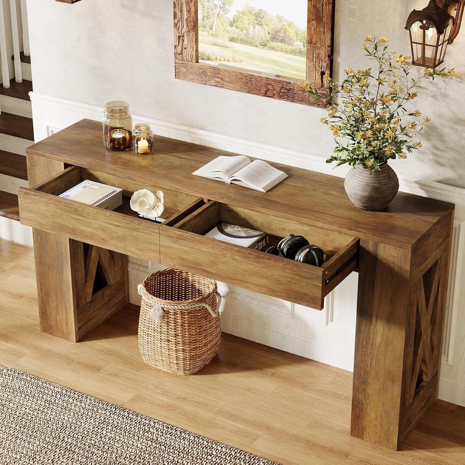 160 cm Landhaus Konsolentisch, Schmaler Flurtisch mit 2 Schubladen und X-Bein Design in Warmbraun