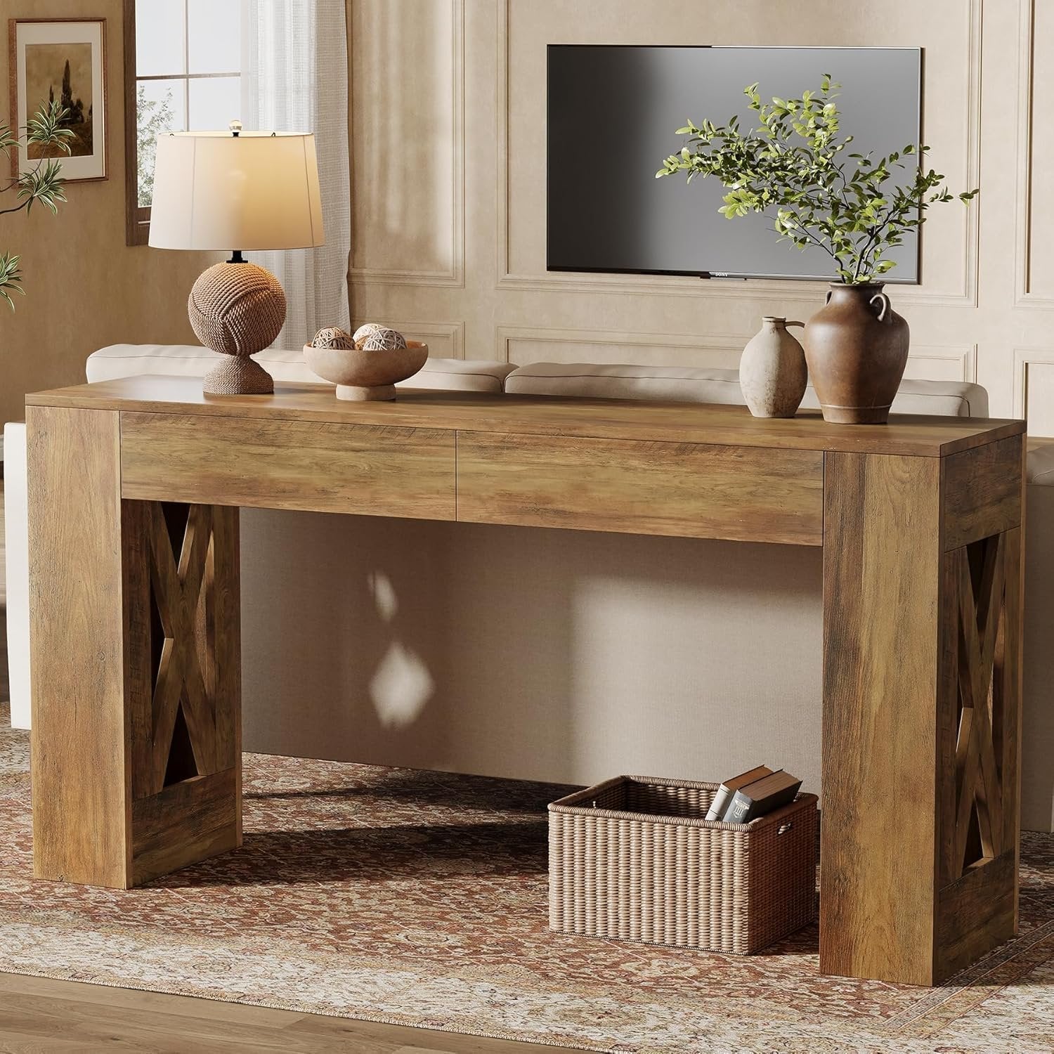 160 cm Landhaus Konsolentisch, Schmaler Flurtisch mit 2 Schubladen und X-Bein Design in Warmbraun