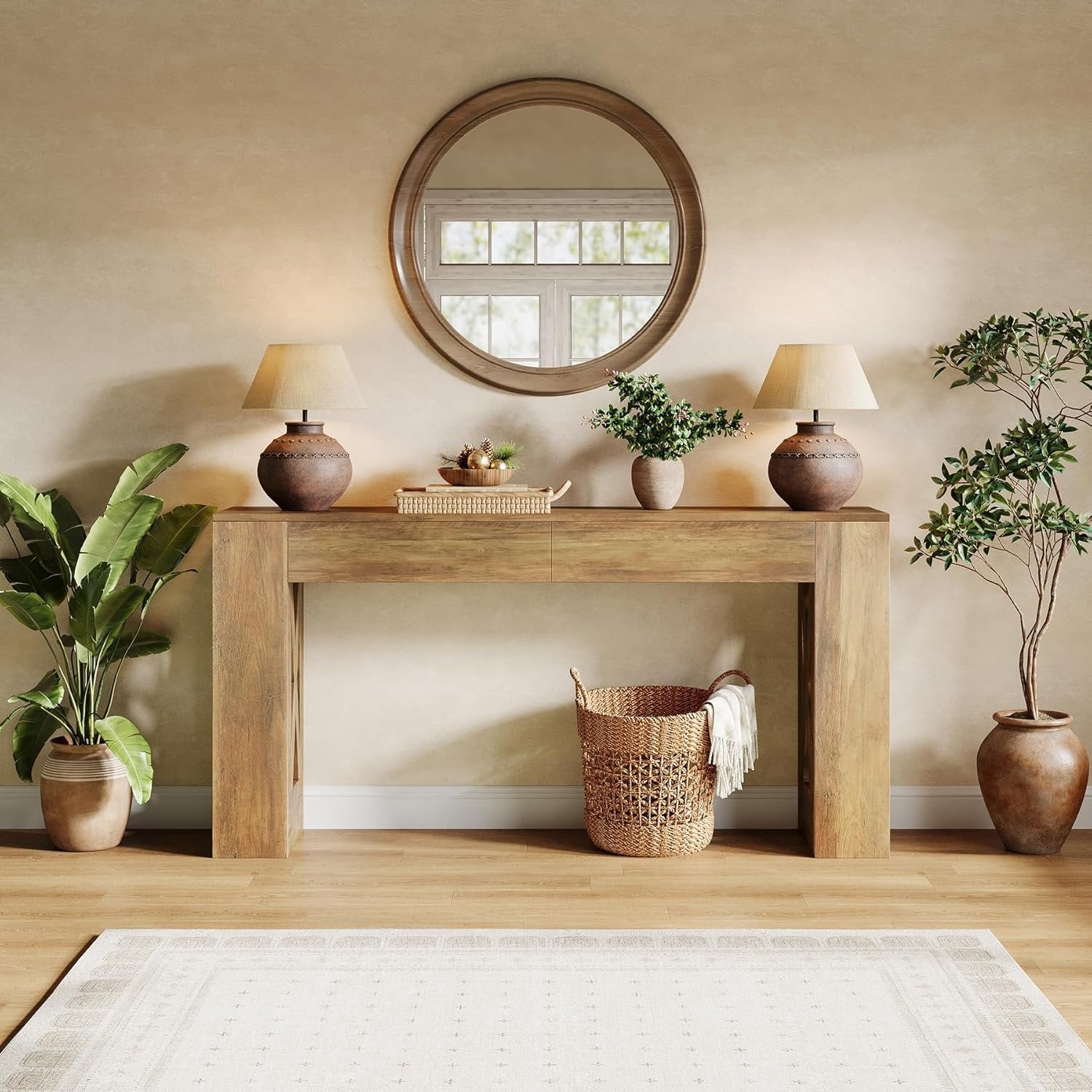 160 cm Landhaus Konsolentisch, Schmaler Flurtisch mit 2 Schubladen und X-Bein Design in Warmbraun