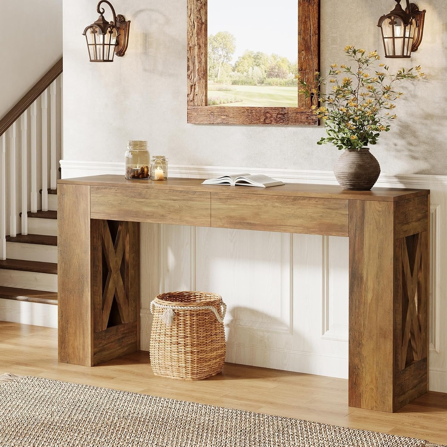 160 cm Landhaus Konsolentisch, Schmaler Flurtisch mit 2 Schubladen und X-Bein Design in Warmbraun