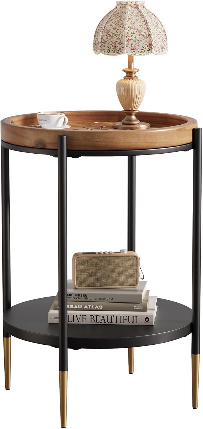 TRIBEWOOD Runder Beistelltisch 2-stöckiger Beistelltisch aus Massivholz und Metall