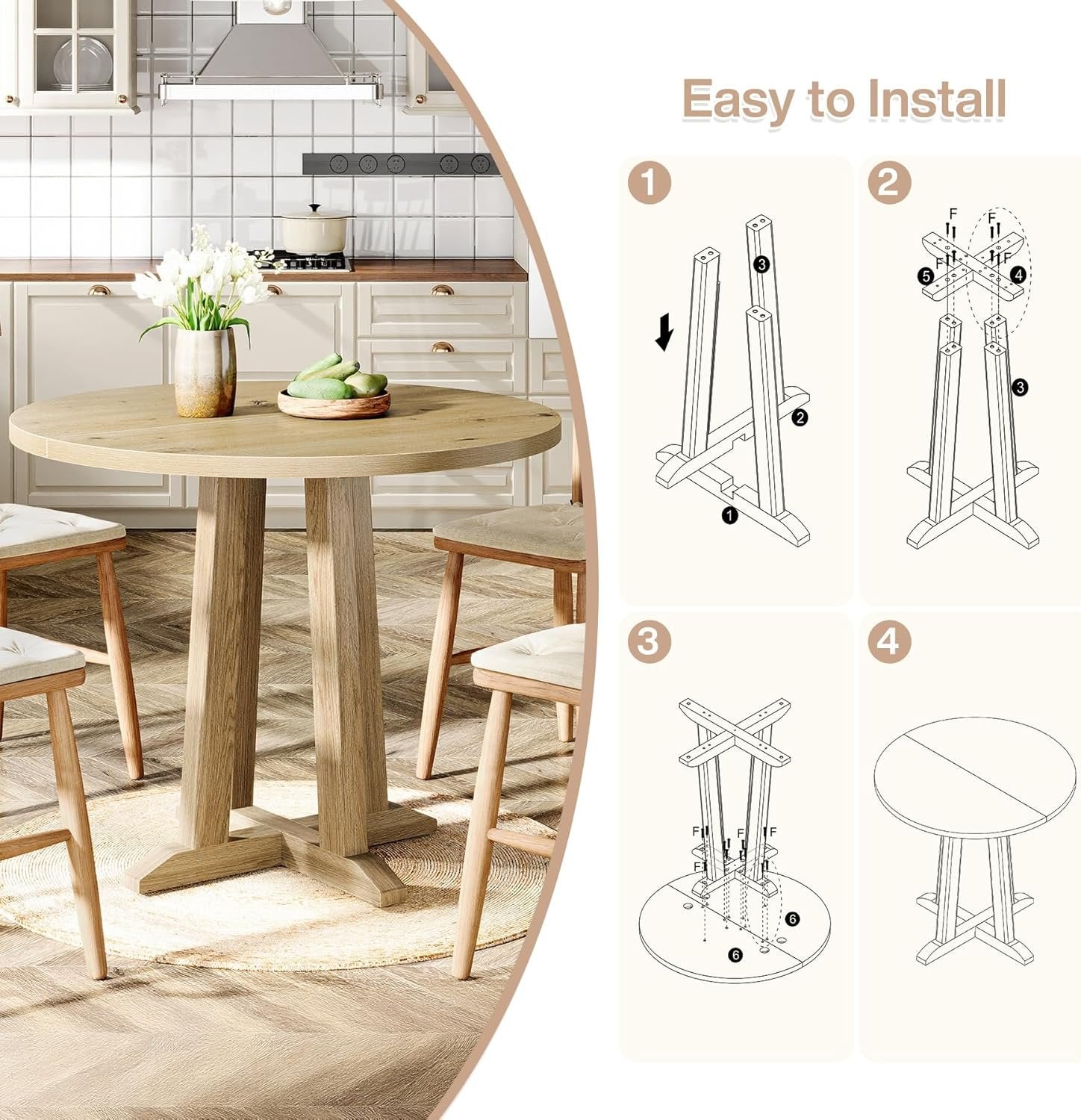 80 cm Runder Farmhouse-Esstisch für 2-4 Personen - Mit stabiler Basis für Wohnung & Kleine Restaurants