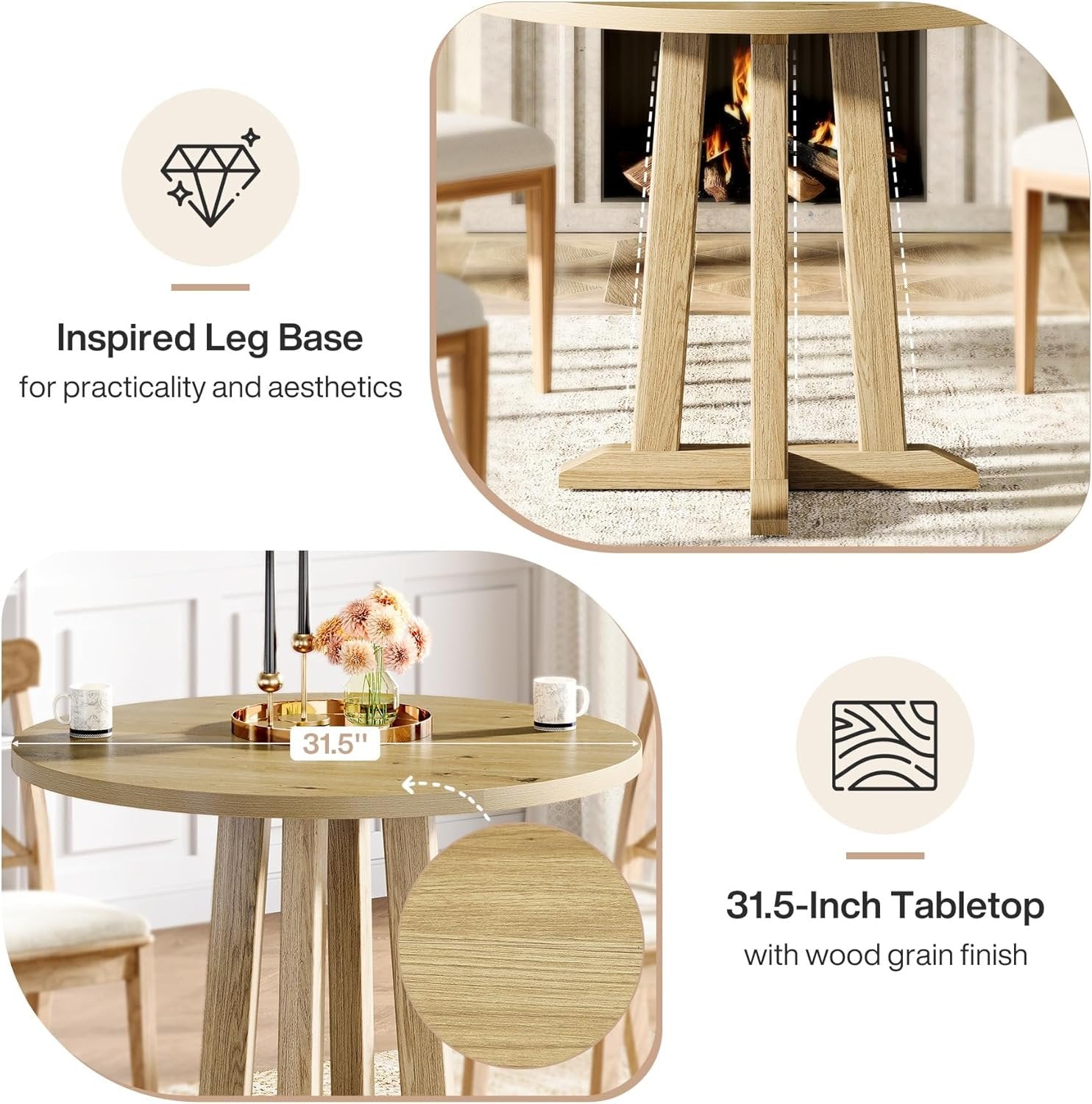 80 cm Runder Farmhouse-Esstisch für 2-4 Personen - Mit stabiler Basis für Wohnung & Kleine Restaurants