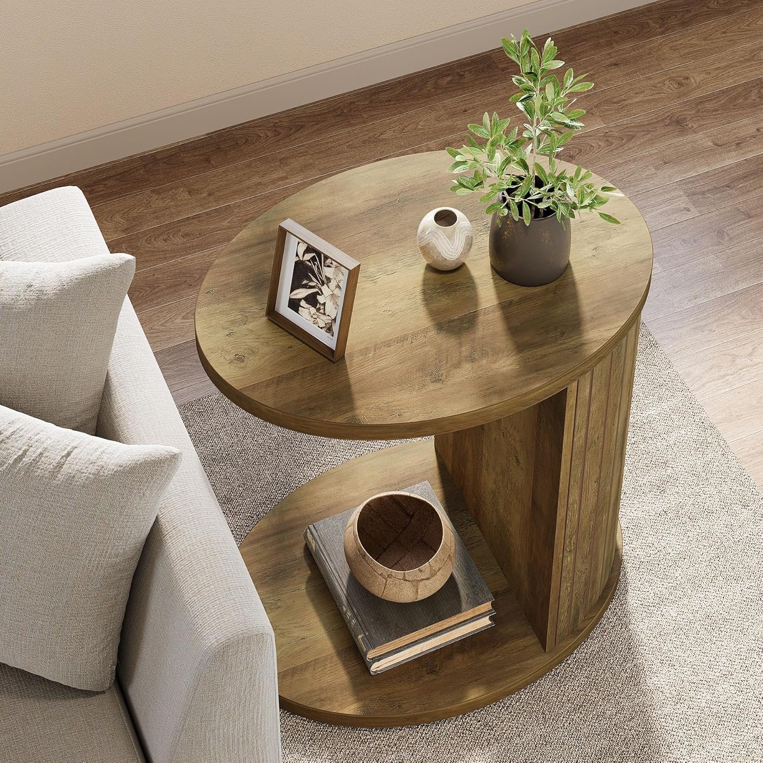 60 cm Ovaler Beistelltisch mit 2 Ebenen, platzsparender Nachttisch & Couchtisch für kleine Räume