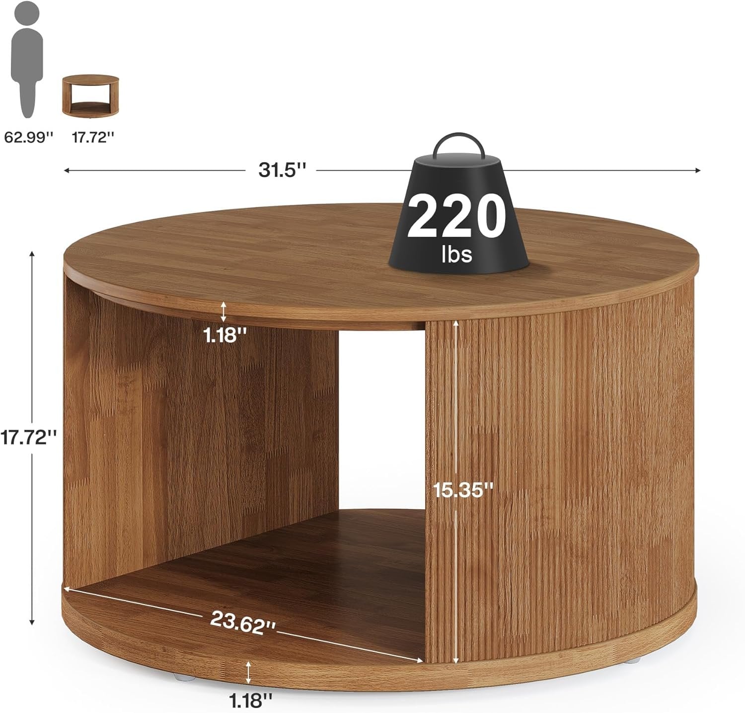 80 cm Runder Couchtisch mit Staufach & Wellenfuß - Nussbaum Design für Wohnzimmer