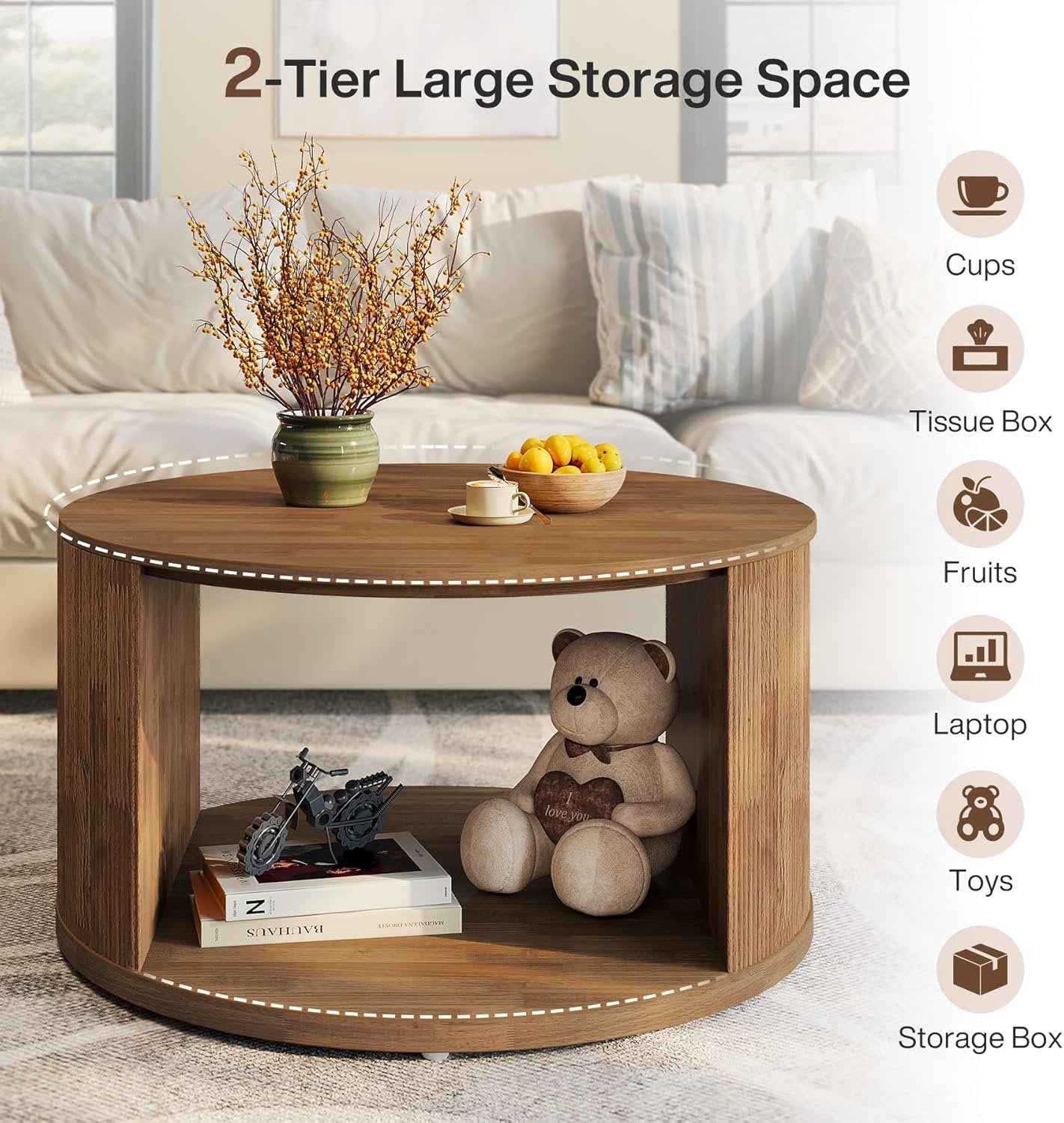 80 cm Runder Couchtisch mit Staufach & Wellenfuß - Nussbaum Design für Wohnzimmer