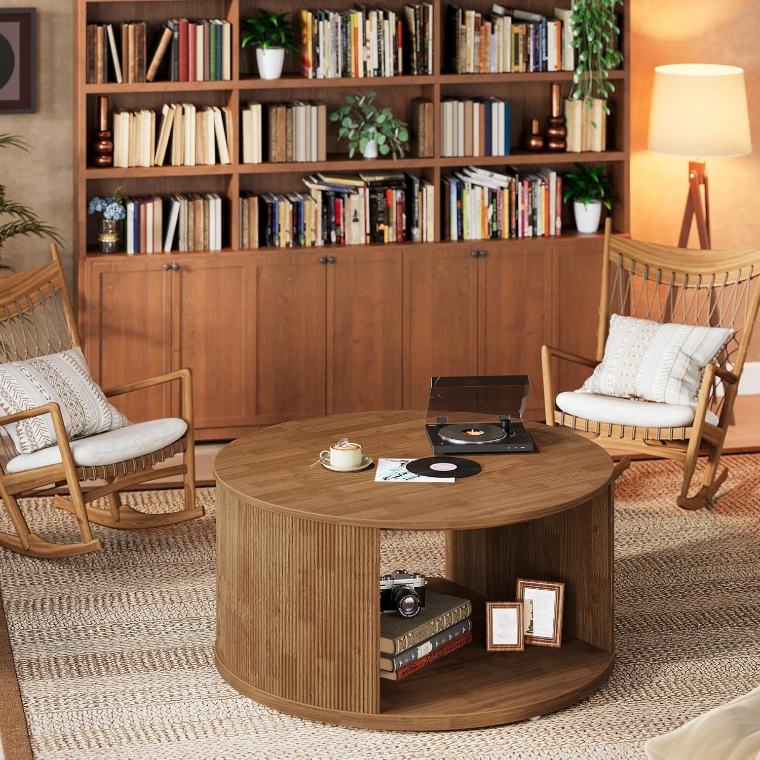 80 cm Runder Couchtisch mit Staufach & Wellenfuß - Nussbaum Design für Wohnzimmer