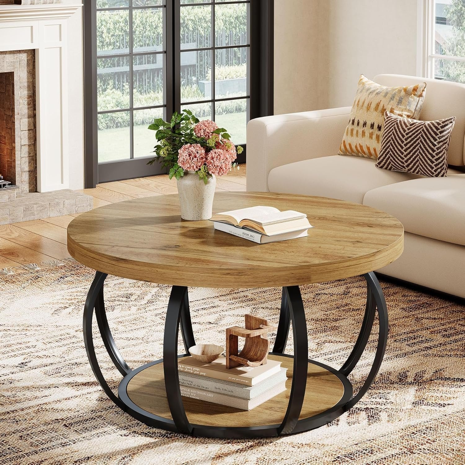 Tribesigns Runde Couchtisch 80 cm, Industrial 2-Tier-Kreis Couchtisch mit Lagerung Regale
