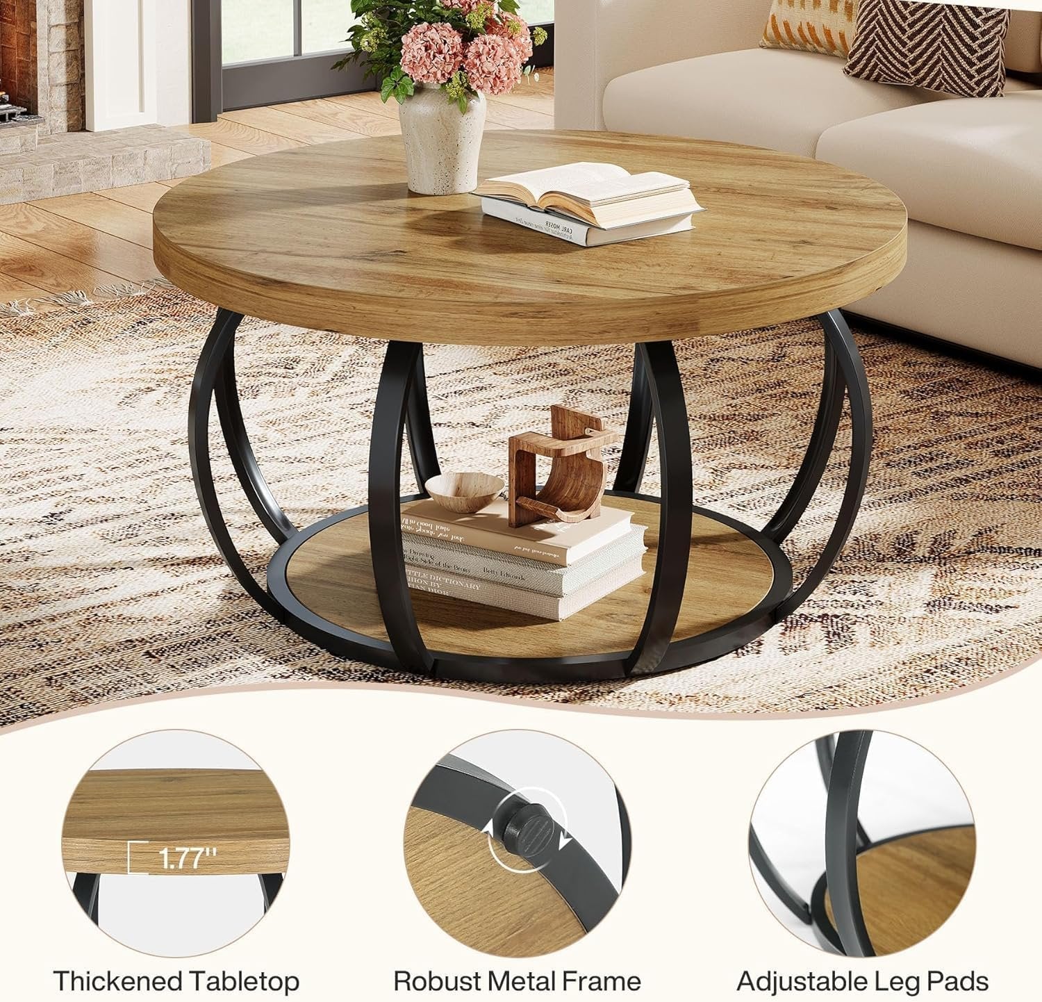 Tribesigns Runde Couchtisch 80 cm, Industrial 2-Tier-Kreis Couchtisch mit Lagerung Regale