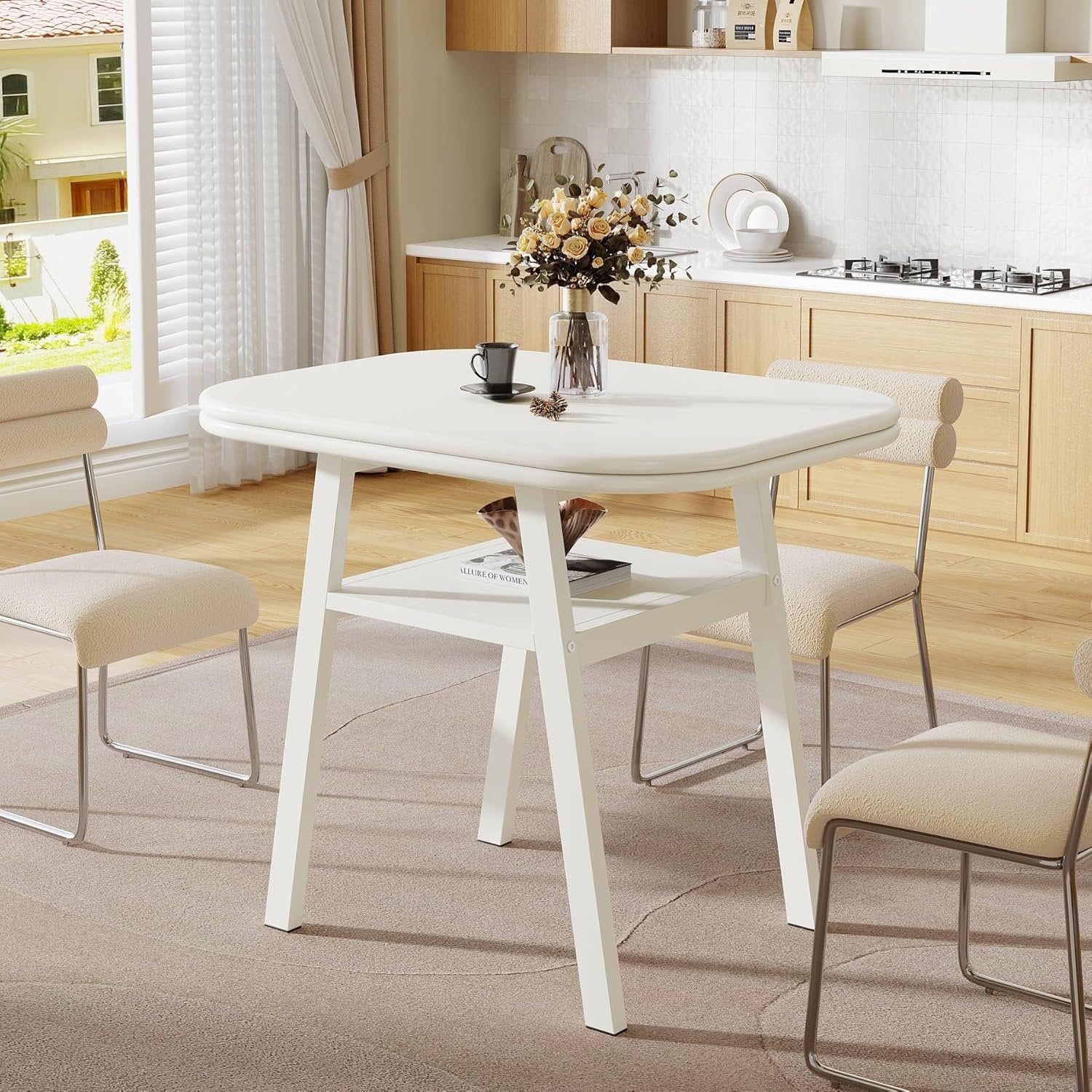 80 cm Esstisch für 2-4 Personen, Moderner Küchentisch mit Ablage und Metallgestell in Weiß