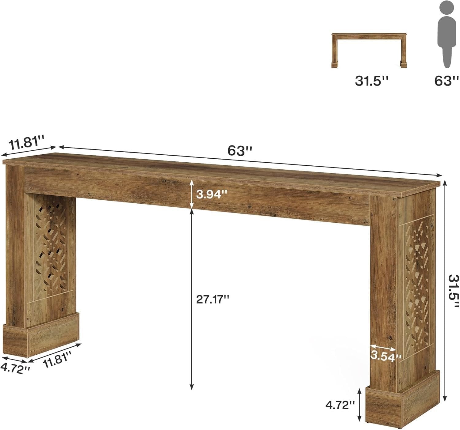 160 cm Landhaus Konsolentisch, Retro Industriedesign Flurtisch mit Hohlmusterbeinen in Braun