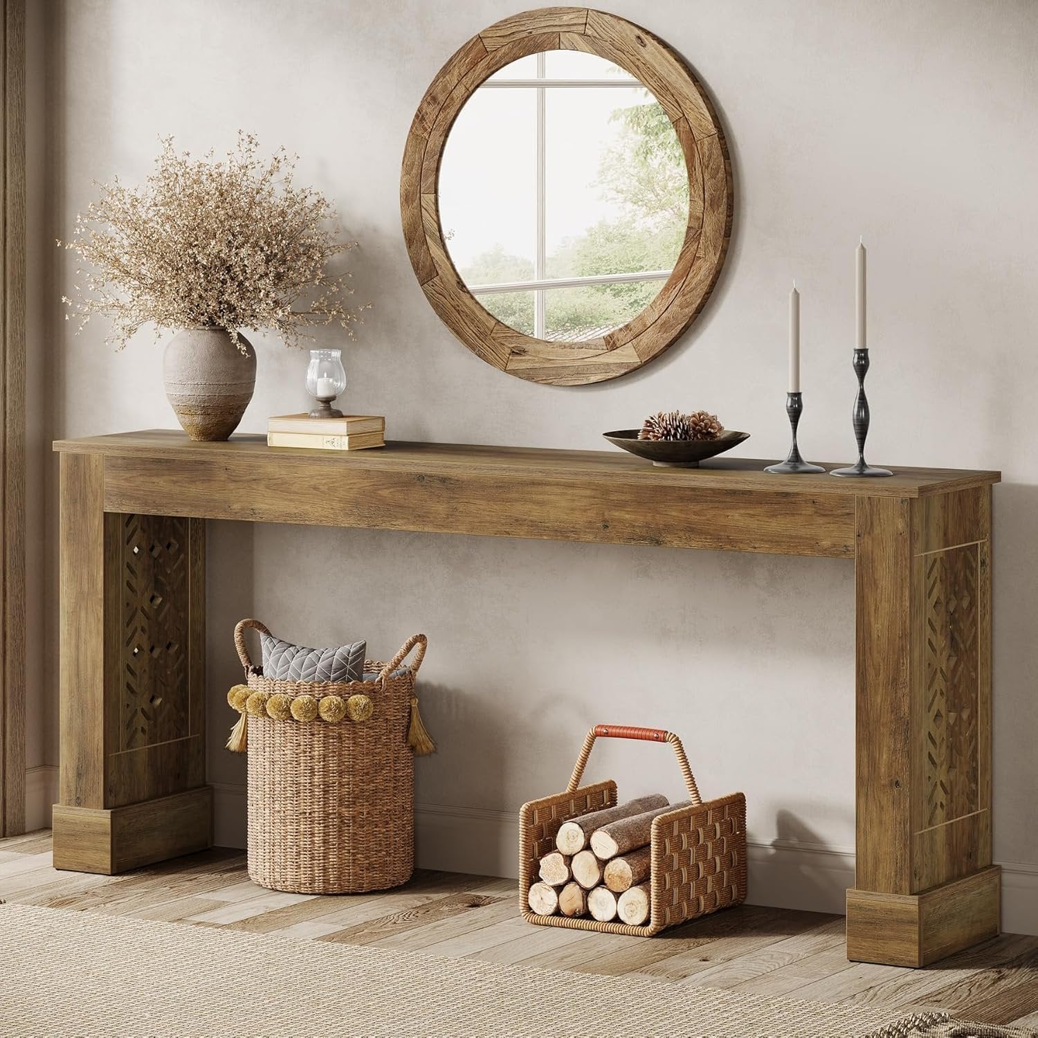 160 cm Landhaus Konsolentisch, Retro Industriedesign Flurtisch mit Hohlmusterbeinen in Braun