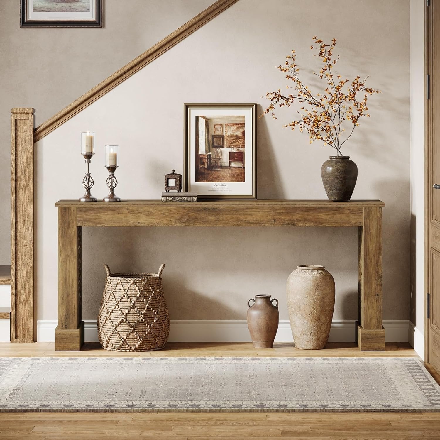 160 cm Landhaus Konsolentisch, Retro Industriedesign Flurtisch mit Hohlmusterbeinen in Braun