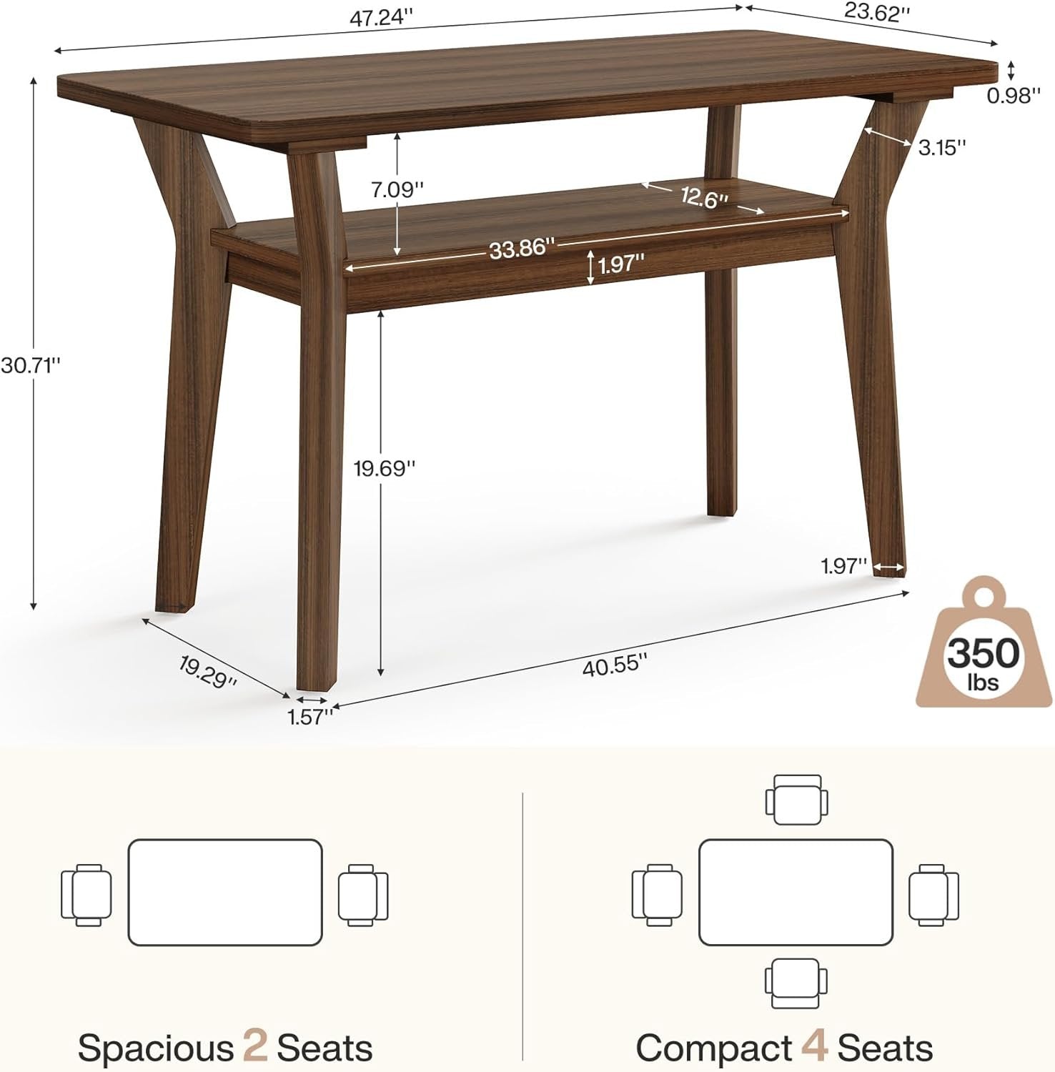 120 cm Farmhouse-Esstisch für 4 Personen - Mit 2 Ebenen & Massivholzbeinen