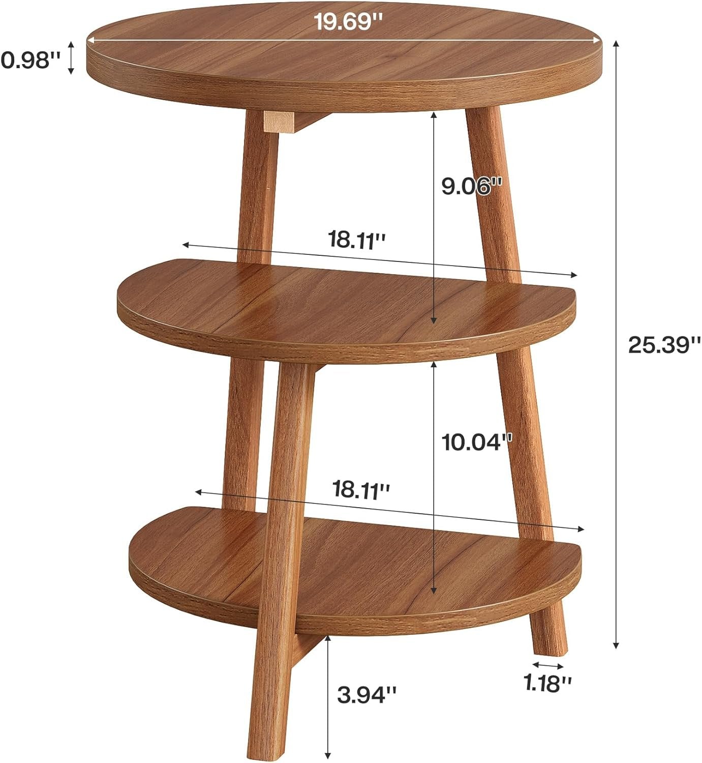 50 cm Runder 3-etagiger Beistelltisch mit Holzrahmen - Mit 3 Ablagefächern in Braun für Wohnzimmer & Schlafzimmer