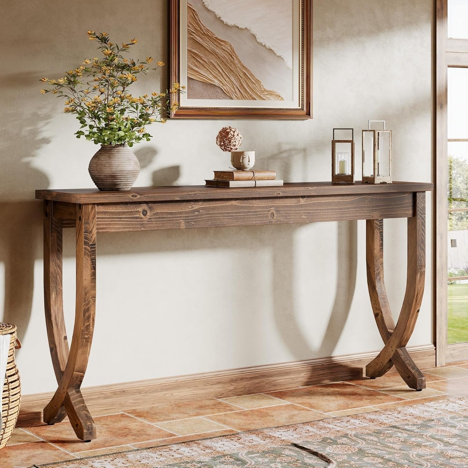 Tribesigns 160 cm Massivholz-Konsolentisch, Bauernhaus-Eingangstisch, Langer Sofatisch für Wohnzimmer, Flur, Eingang, Foyer, Braun