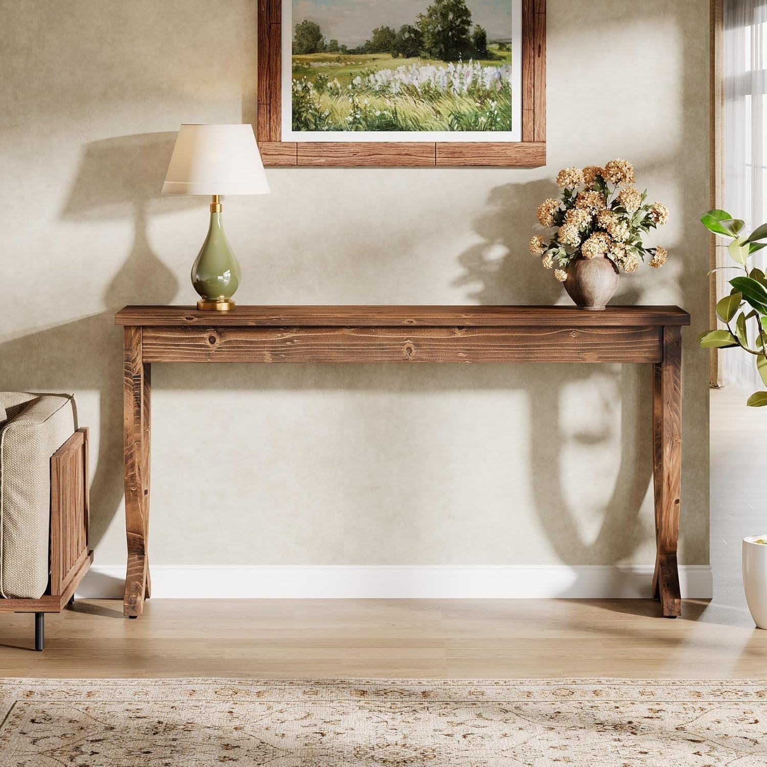 Tribesigns 160 cm Massivholz-Konsolentisch, Bauernhaus-Eingangstisch, Langer Sofatisch für Wohnzimmer, Flur, Eingang, Foyer, Braun