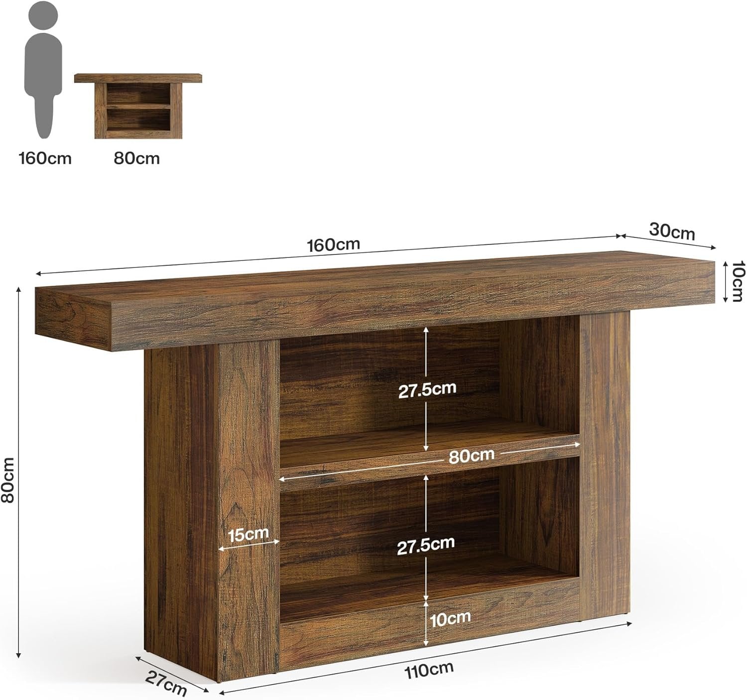 160 cm Konsoletisch mit 3 Regal-Ebenen, rustikaler Flurtisch für Eingangsbereich & Wohnzimmer, Braun