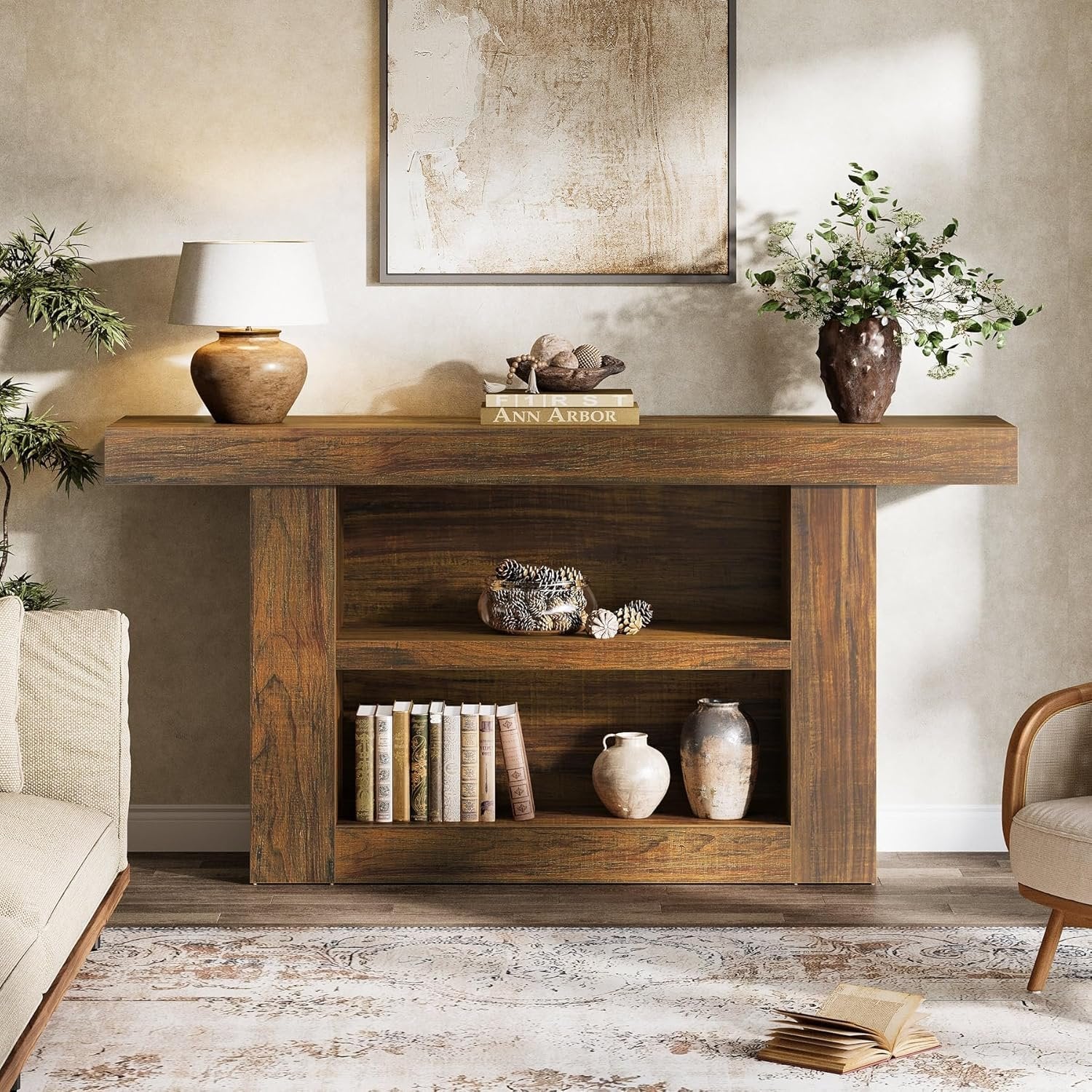 160 cm Konsoletisch mit 3 Regal-Ebenen, rustikaler Flurtisch für Eingangsbereich & Wohnzimmer, Braun